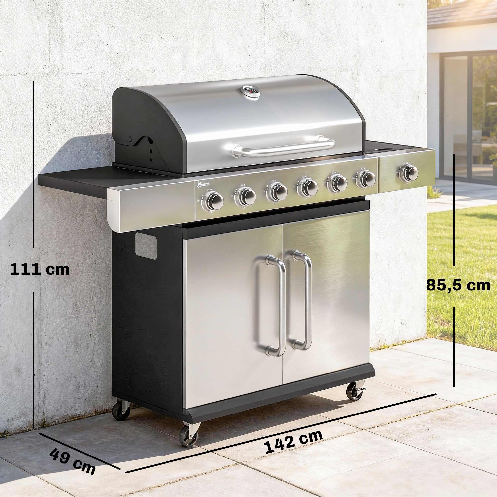 18.6 kW 6+1-Burner Stainless Steel Gas Grill Cart — Side Burner, Thermometer, Cast-Iron Grates, Warming Rack & Cabinet