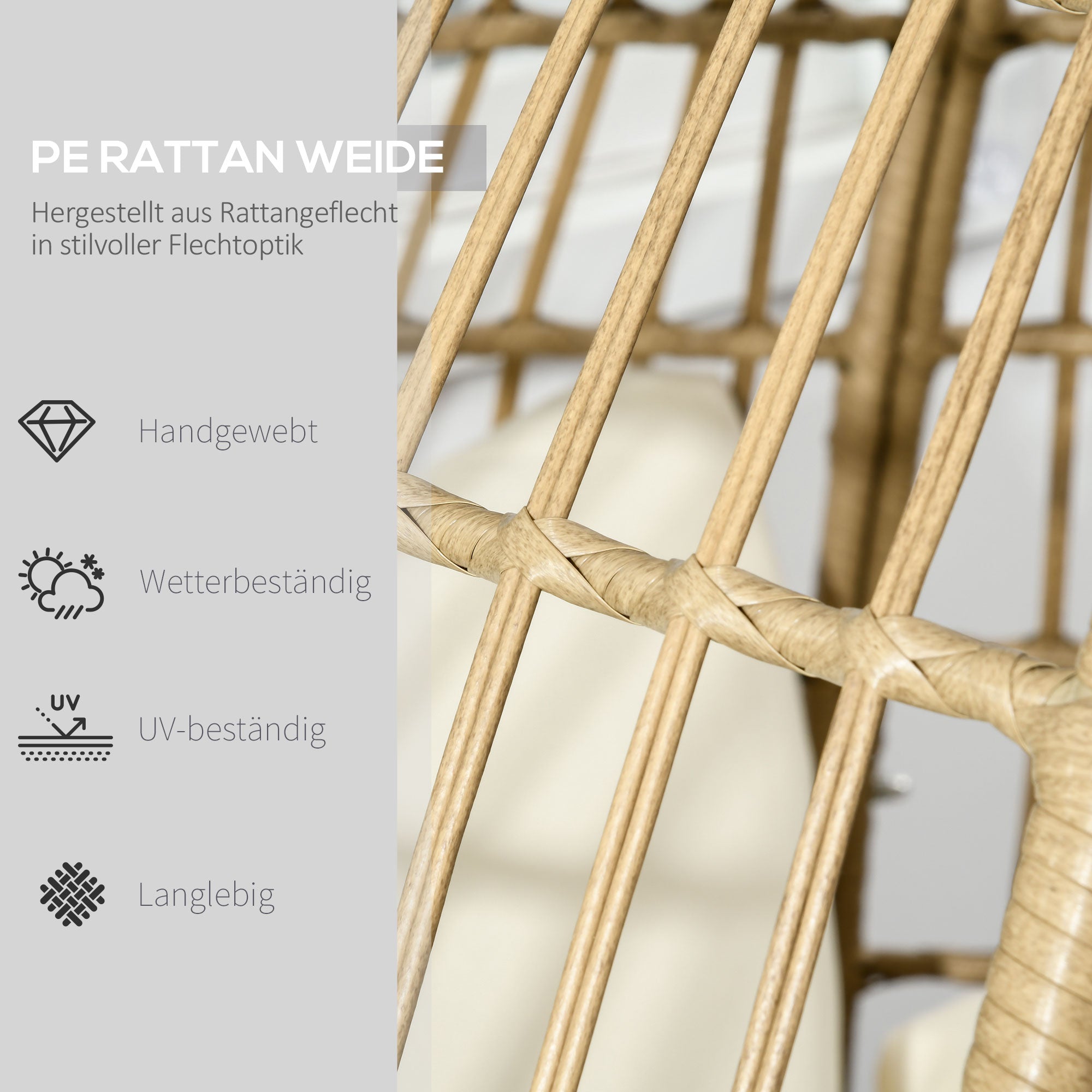 Wicker Chair in Basket Shape, Rattan Chair with Seat Cushion, Elevated Garden Chair for Balcony, Terrace, Metal, Khaki, 105 x 90 x 148 cm