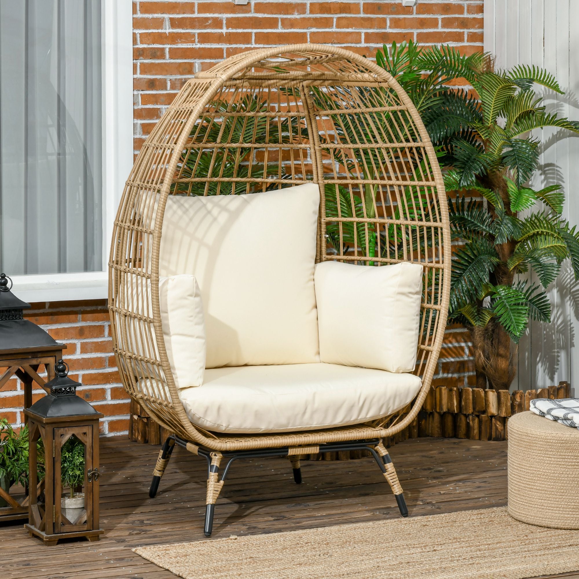 Wicker Chair in Basket Shape, Rattan Chair with Seat Cushion, Elevated Garden Chair for Balcony, Terrace, Metal, Khaki, 105 x 90 x 148 cm