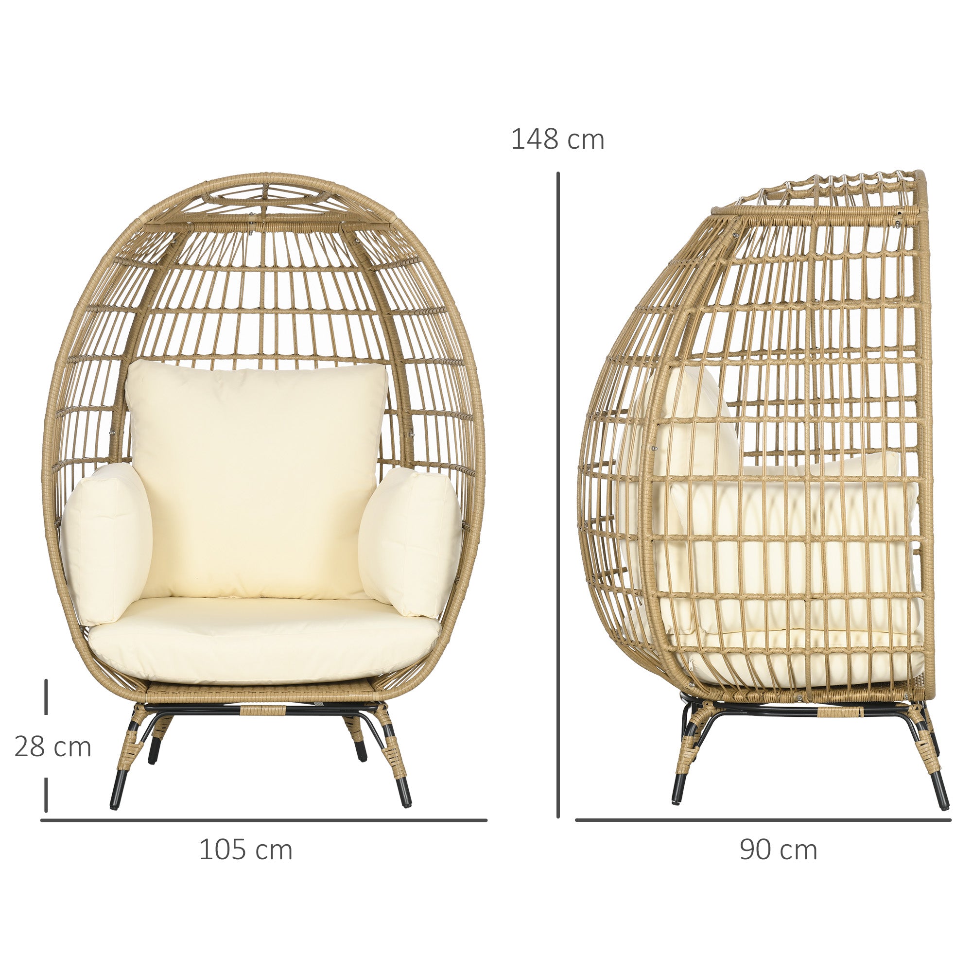 Wicker Chair in Basket Shape, Rattan Chair with Seat Cushion, Elevated Garden Chair for Balcony, Terrace, Metal, Khaki, 105 x 90 x 148 cm