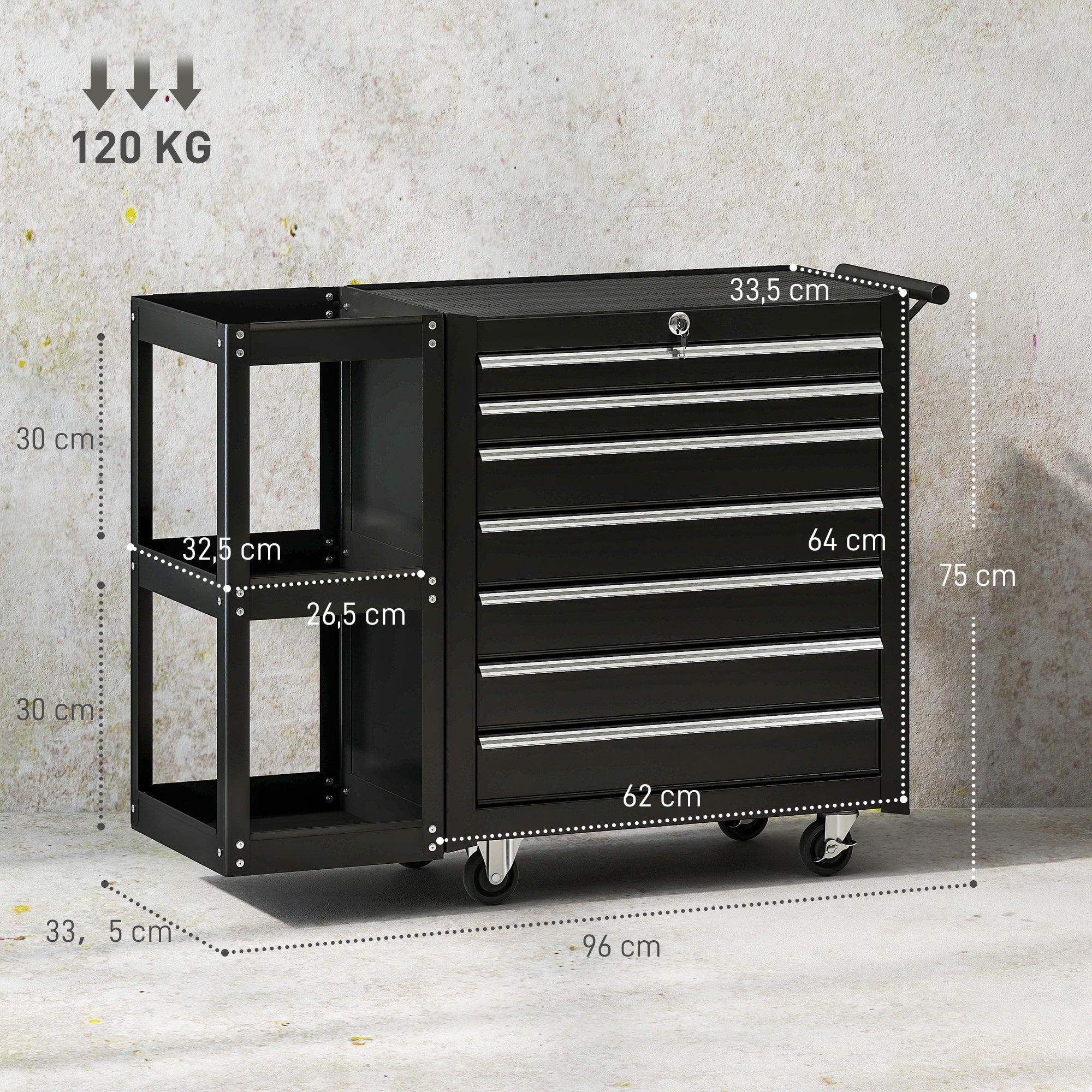 Tool Cart with 7 Drawers, Workshop Trolley with Removable 3-Tier Shelf, Central Lock, Handle, 2 Locking Casters, Black