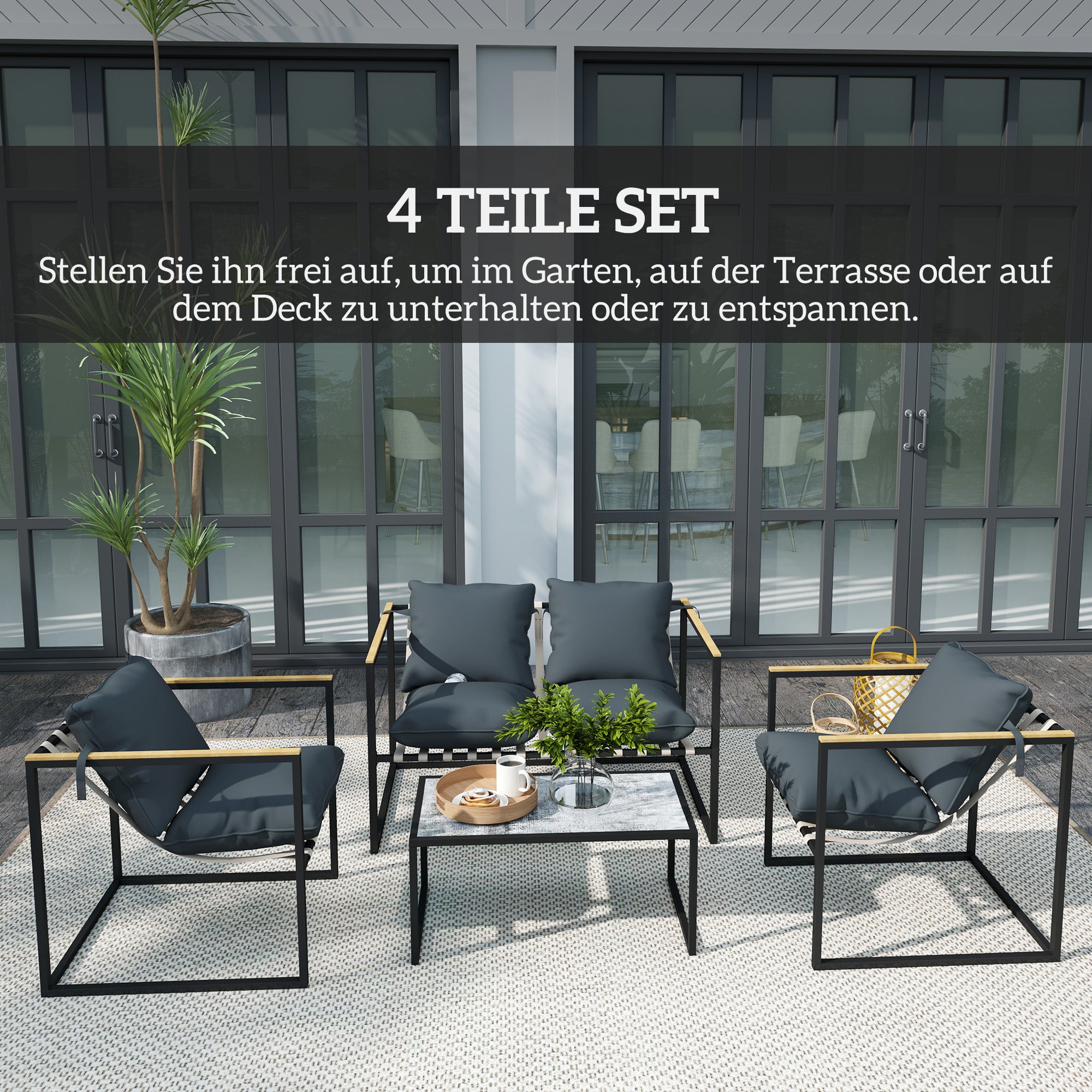 Steel Garden Furniture Set 4 People Weatherproof Balcony Furniture Set with 2-Seater Sofa 2 Armchairs, Seat Cushions, Side Table, Outdoor Seating Group Patio Furniture Garden Set for Garden Terrace Balcony Gray