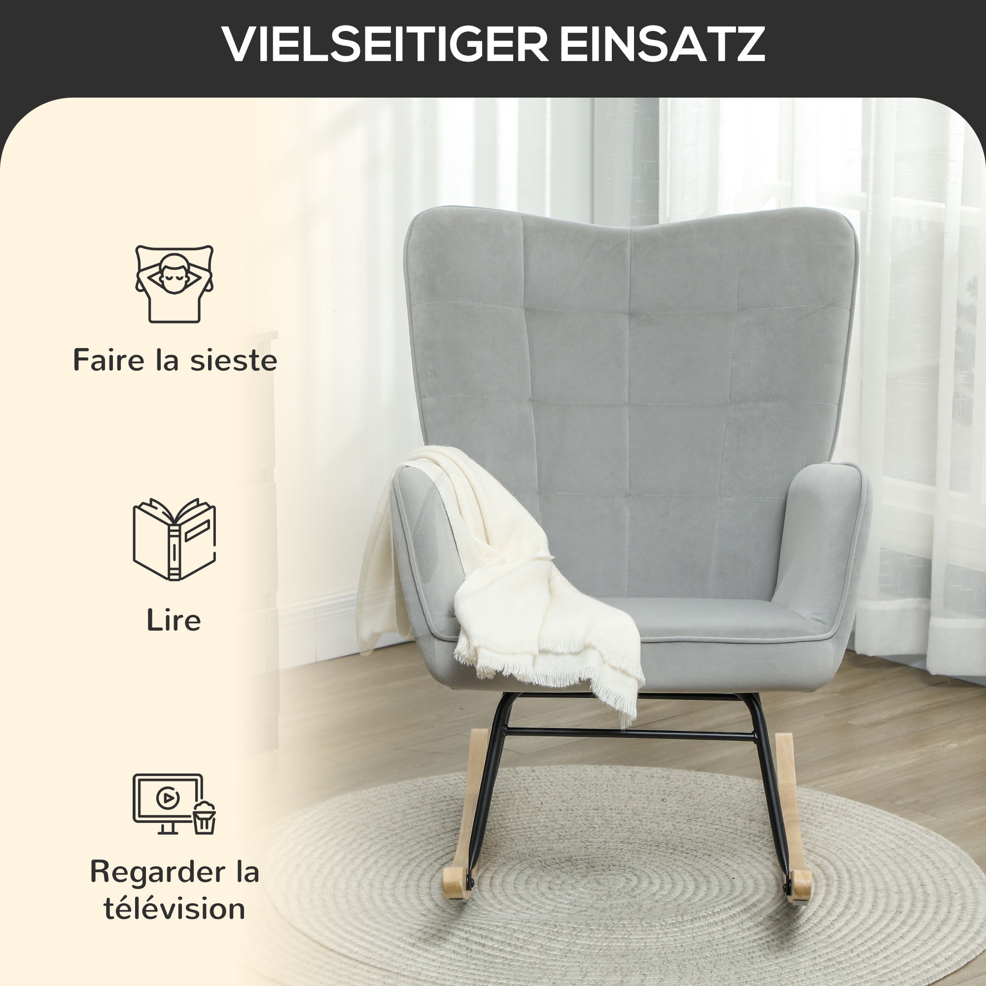 Schaukelstuhl, Schaukelsessel mit Samtoptik, Armlehne, Gepolsterter Sessel mit Holzkufen, Relaxsessel für Wohnzimmer, Schlafzimmer, bis 120kg belastbar, Hellgrau