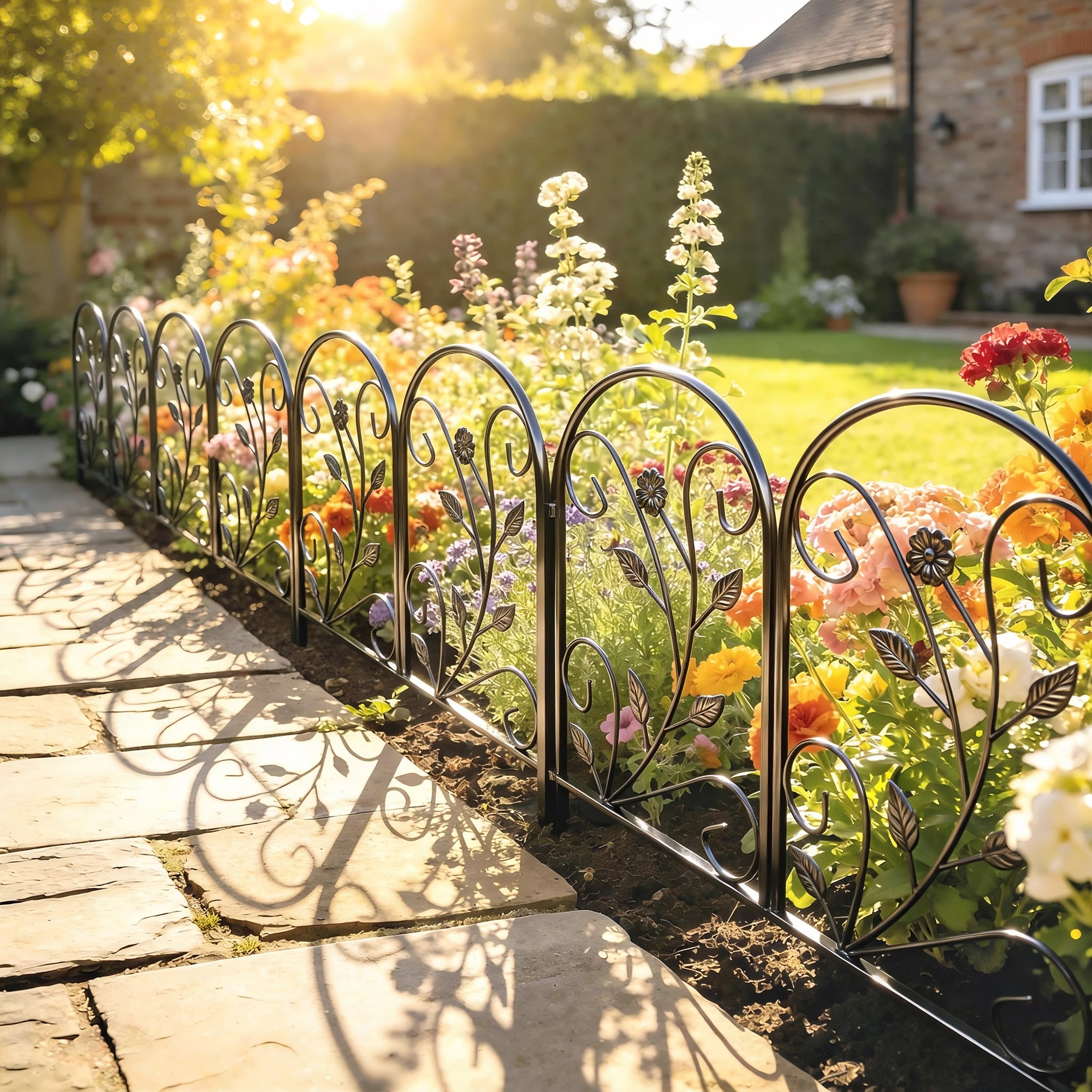 Metal Garden Fence Panel Set, 31.5 x 23.6 in Each (13.1 ft Total) – Decorative Arched Top Landscape & Pet Barrier, Black