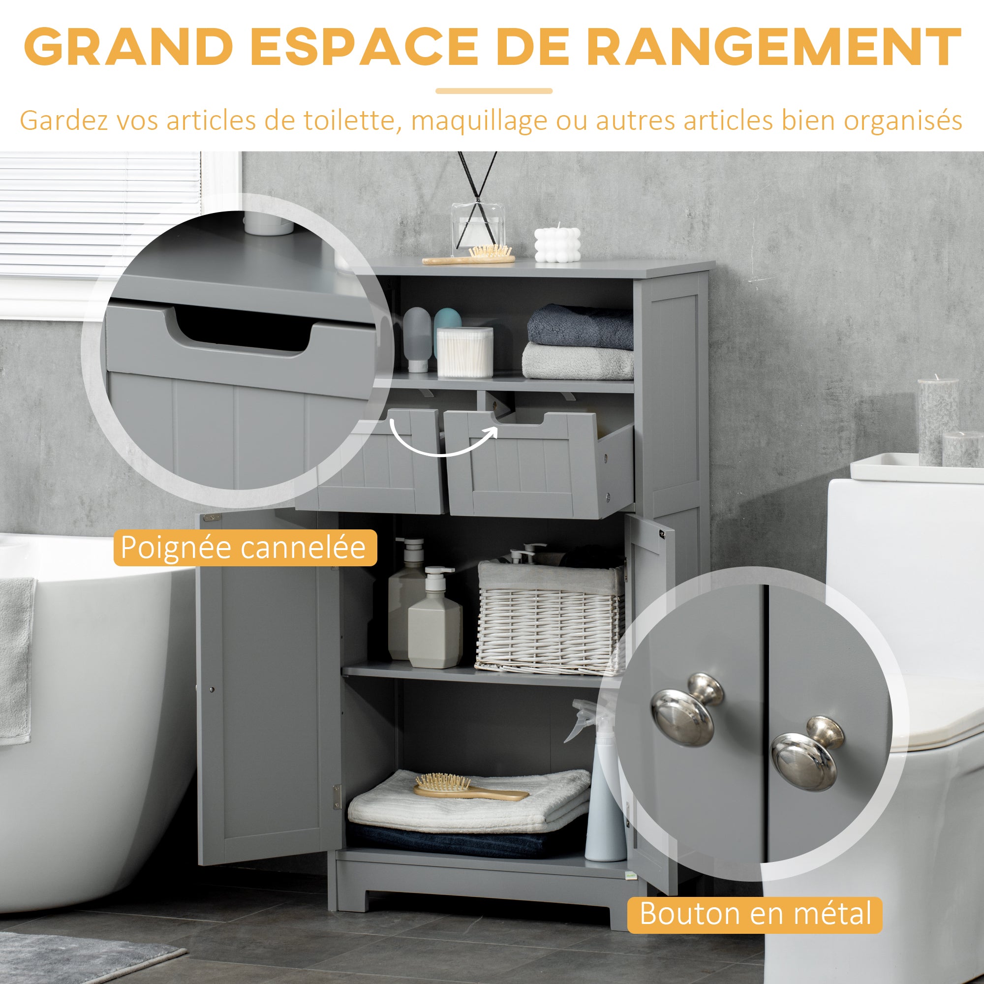 Bathroom Cabinet, Storage Cabinet with 2 Drawers, Niche, Cupboard with Door, Adjustable Shelf, Bathroom Cabinet, Kitchen, Living Room, 60 x 30 x 109 cm, Gray