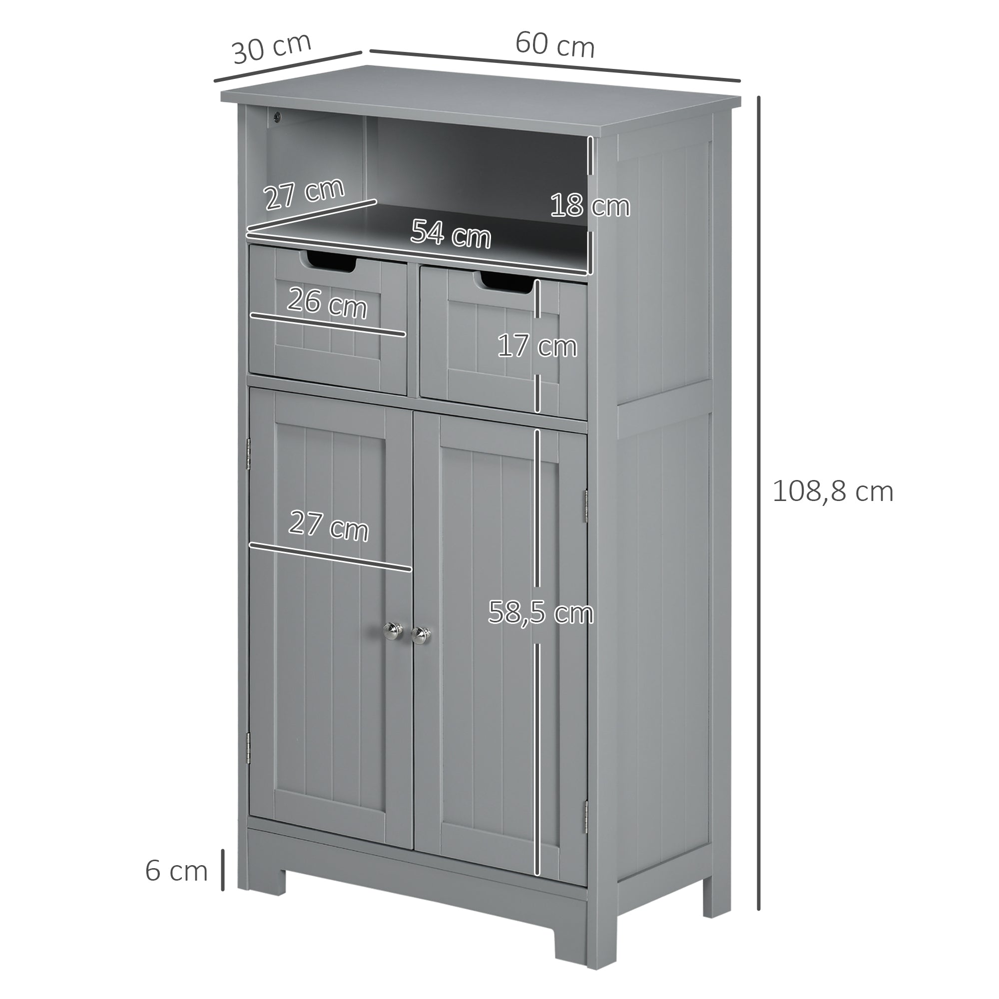 Bathroom Cabinet, Storage Cabinet with 2 Drawers, Niche, Cupboard with Door, Adjustable Shelf, Bathroom Cabinet, Kitchen, Living Room, 60 x 30 x 109 cm, Gray