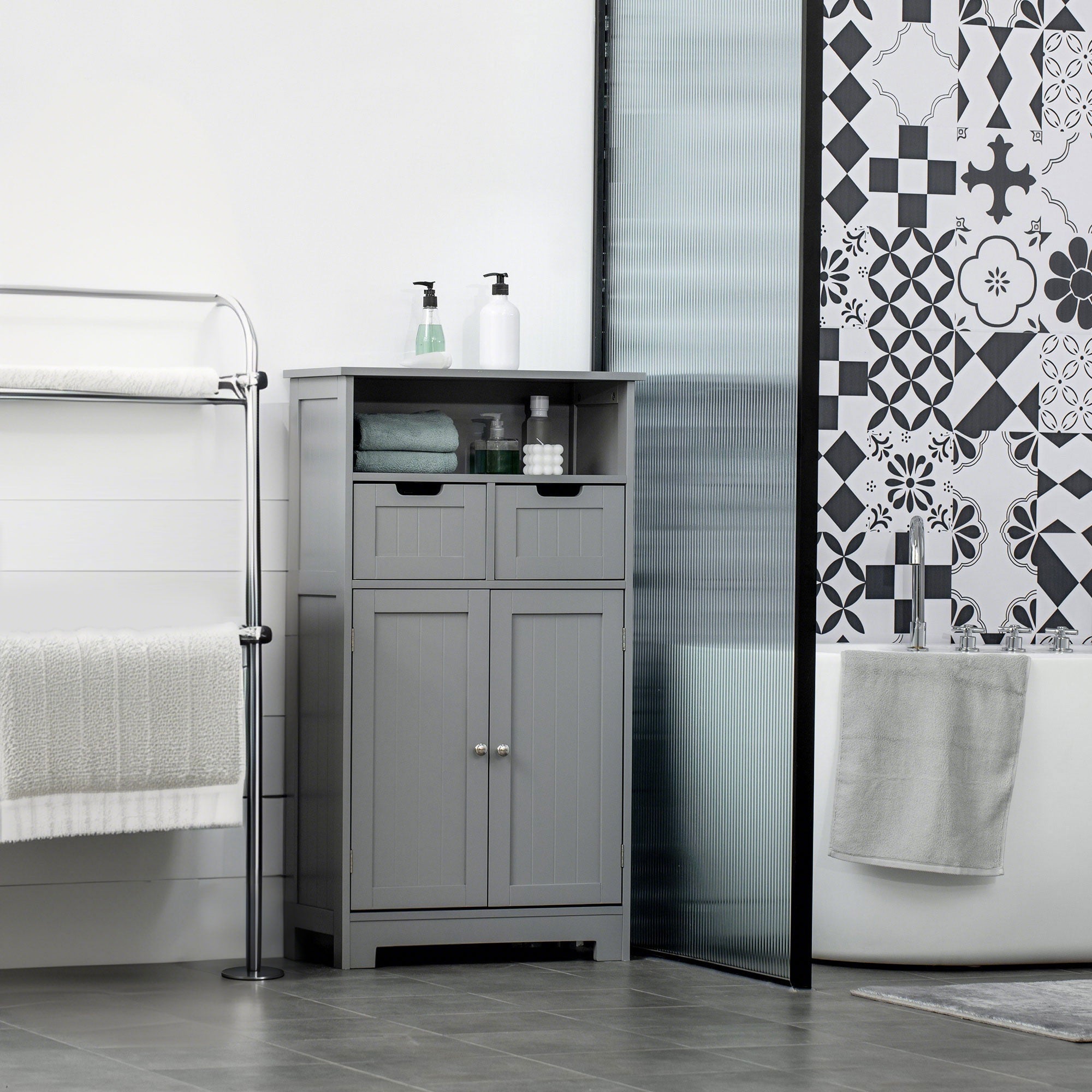 Bathroom Cabinet, Storage Cabinet with 2 Drawers, Niche, Cupboard with Door, Adjustable Shelf, Bathroom Cabinet, Kitchen, Living Room, 60 x 30 x 109 cm, Gray