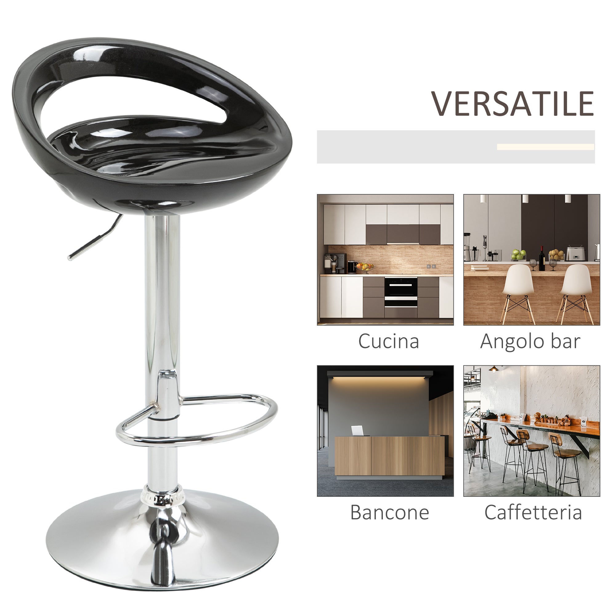 Set of 2 High Bar Stools, 360° Swivel Stools, with Backrest and Footrest, Adjustable Height, Steel Base, for Dining Room and Kitchen, 46x41x76-96cm, Black