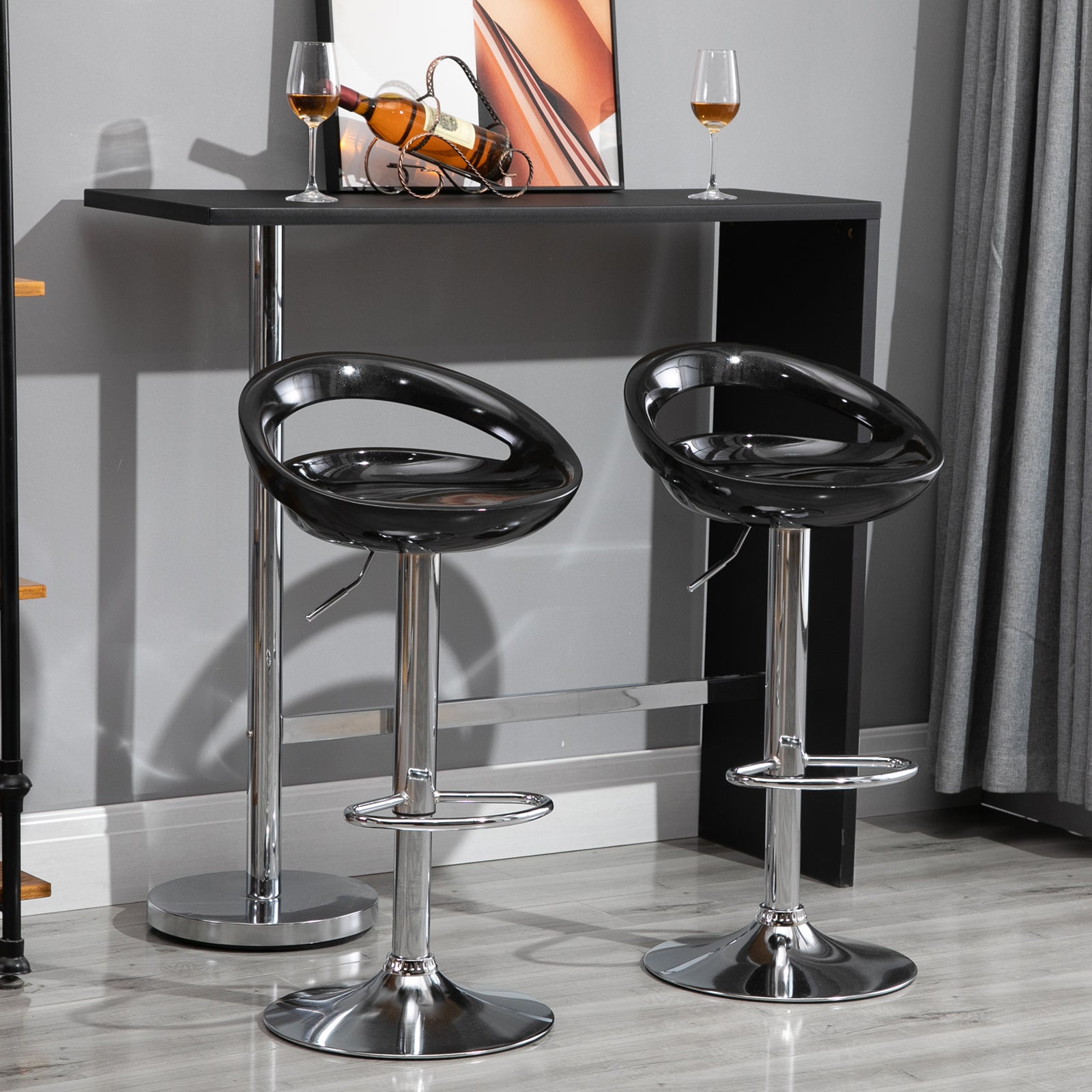 Set of 2 High Bar Stools, 360° Swivel Stools, with Backrest and Footrest, Adjustable Height, Steel Base, for Dining Room and Kitchen, 46x41x76-96cm, Black