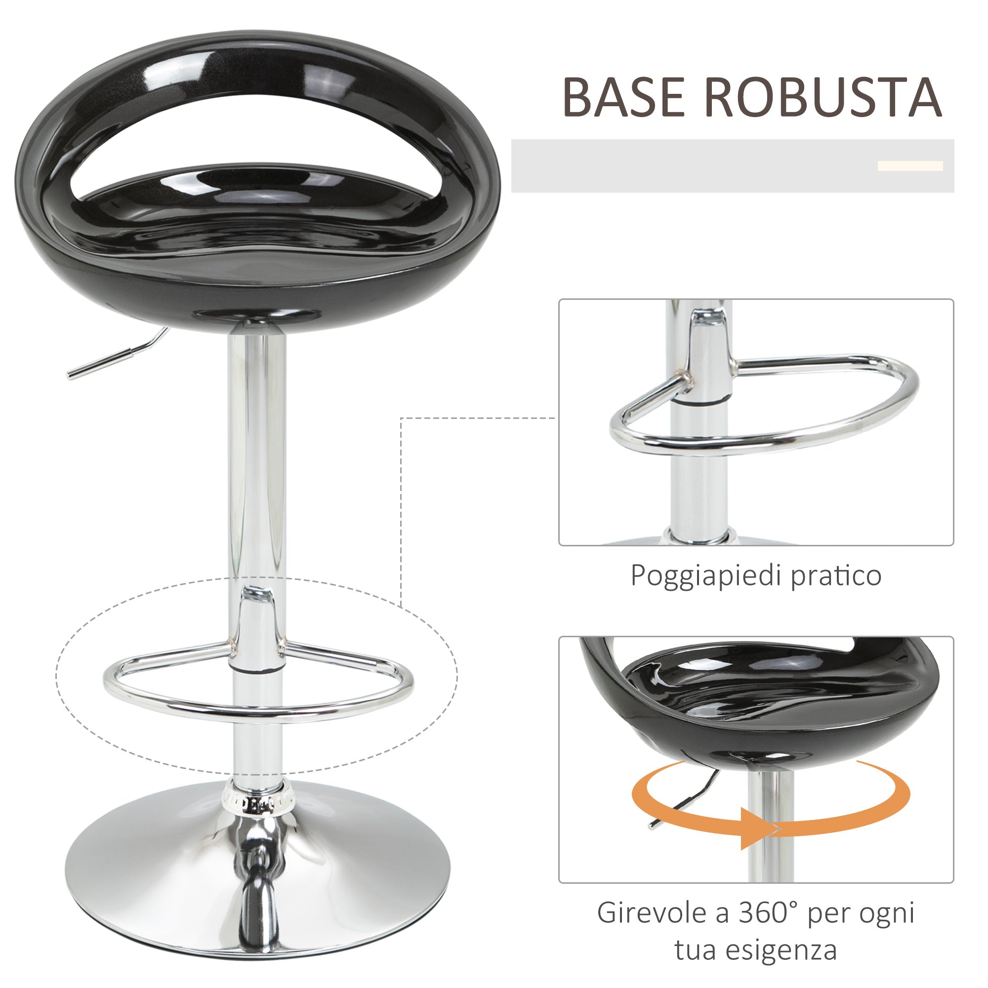 Set of 2 High Bar Stools, 360° Swivel Stools, with Backrest and Footrest, Adjustable Height, Steel Base, for Dining Room and Kitchen, 46x41x76-96cm, Black