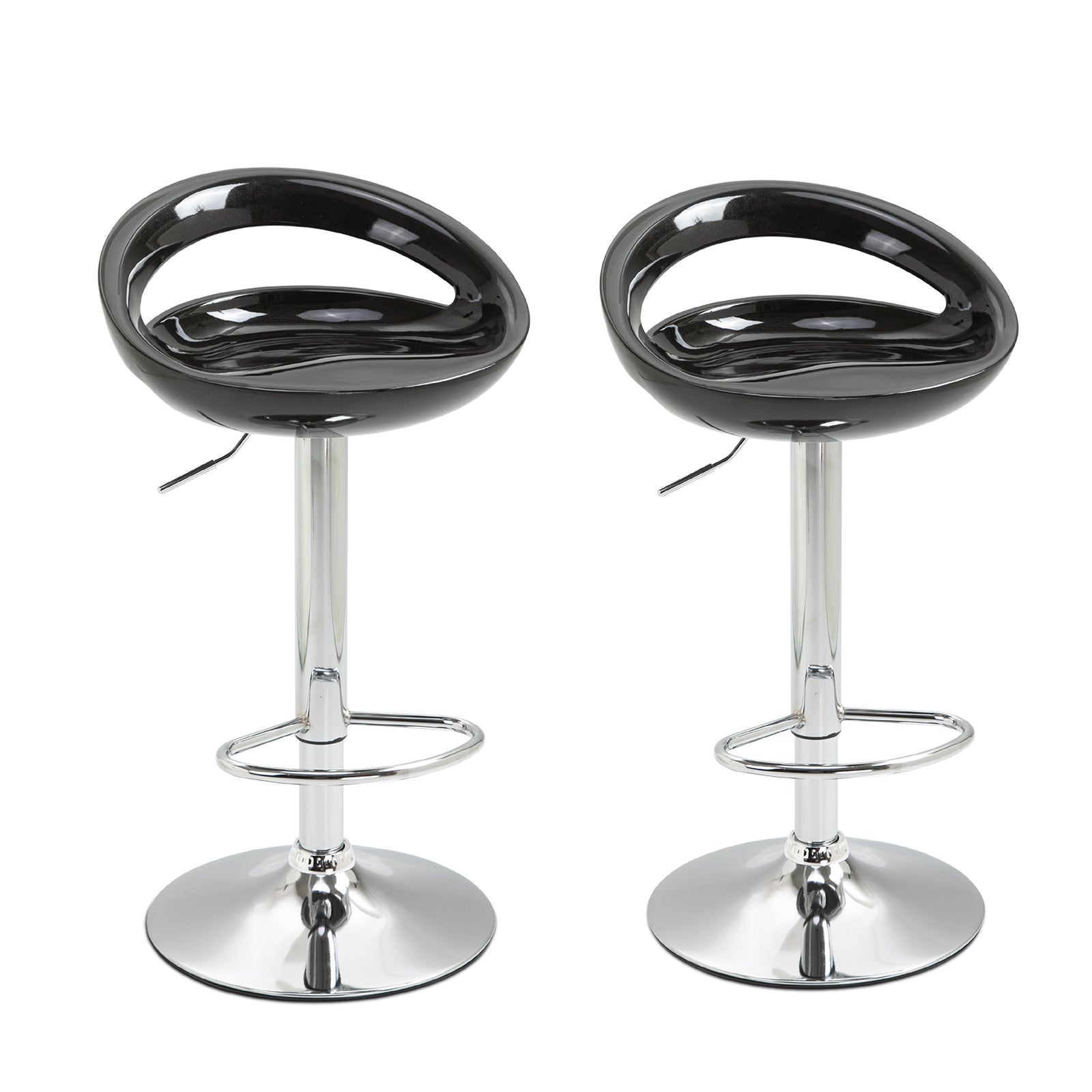 Set of 2 High Bar Stools, 360° Swivel Stools, with Backrest and Footrest, Adjustable Height, Steel Base, for Dining Room and Kitchen, 46x41x76-96cm, Black