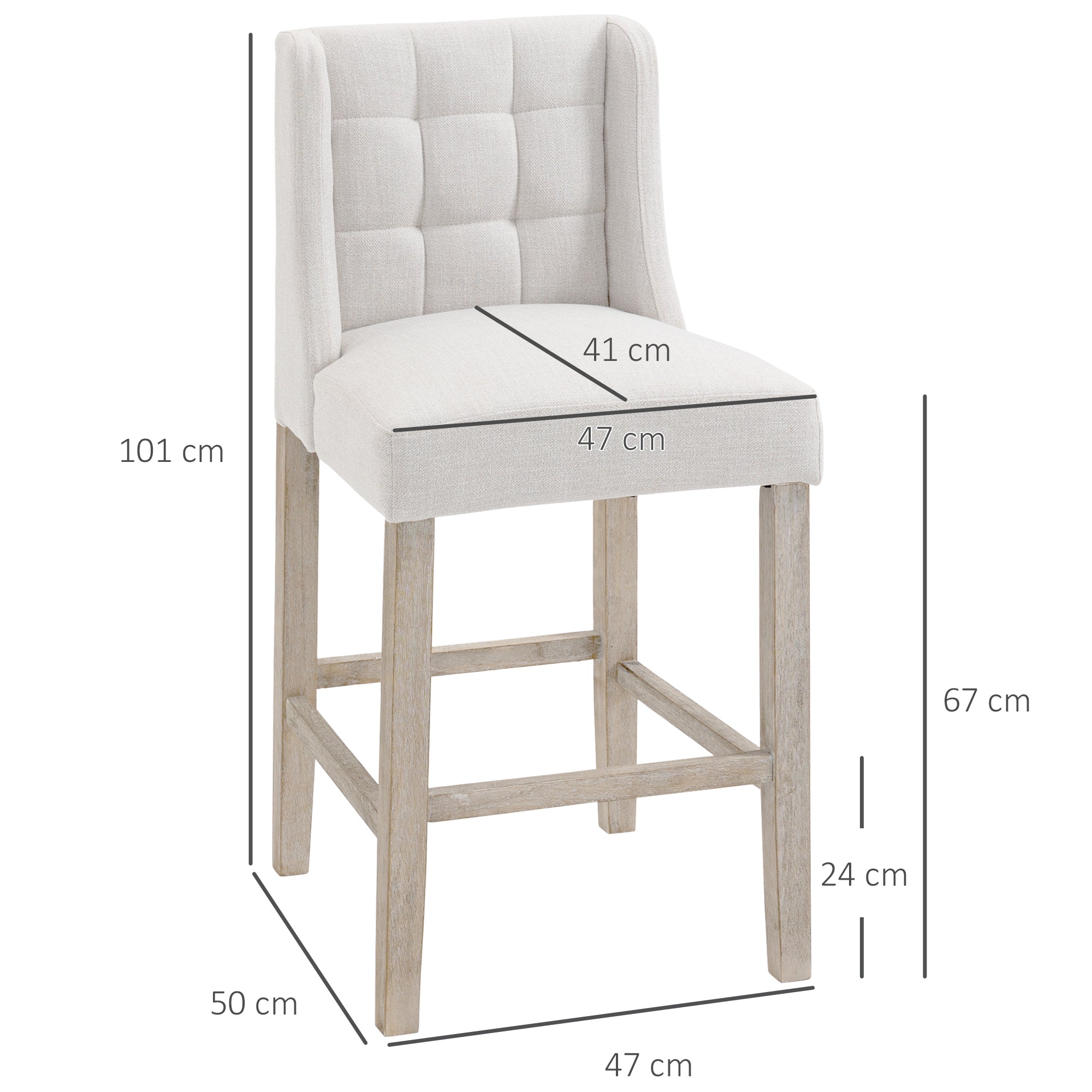 2-Piece Bar Stools Modern Kitchen Chairs Bistro Stools Bar Chairs for Kitchen with Backrest Counter Stools Linen Touch Rubberwood Beige 47 x 50 x 101 cm