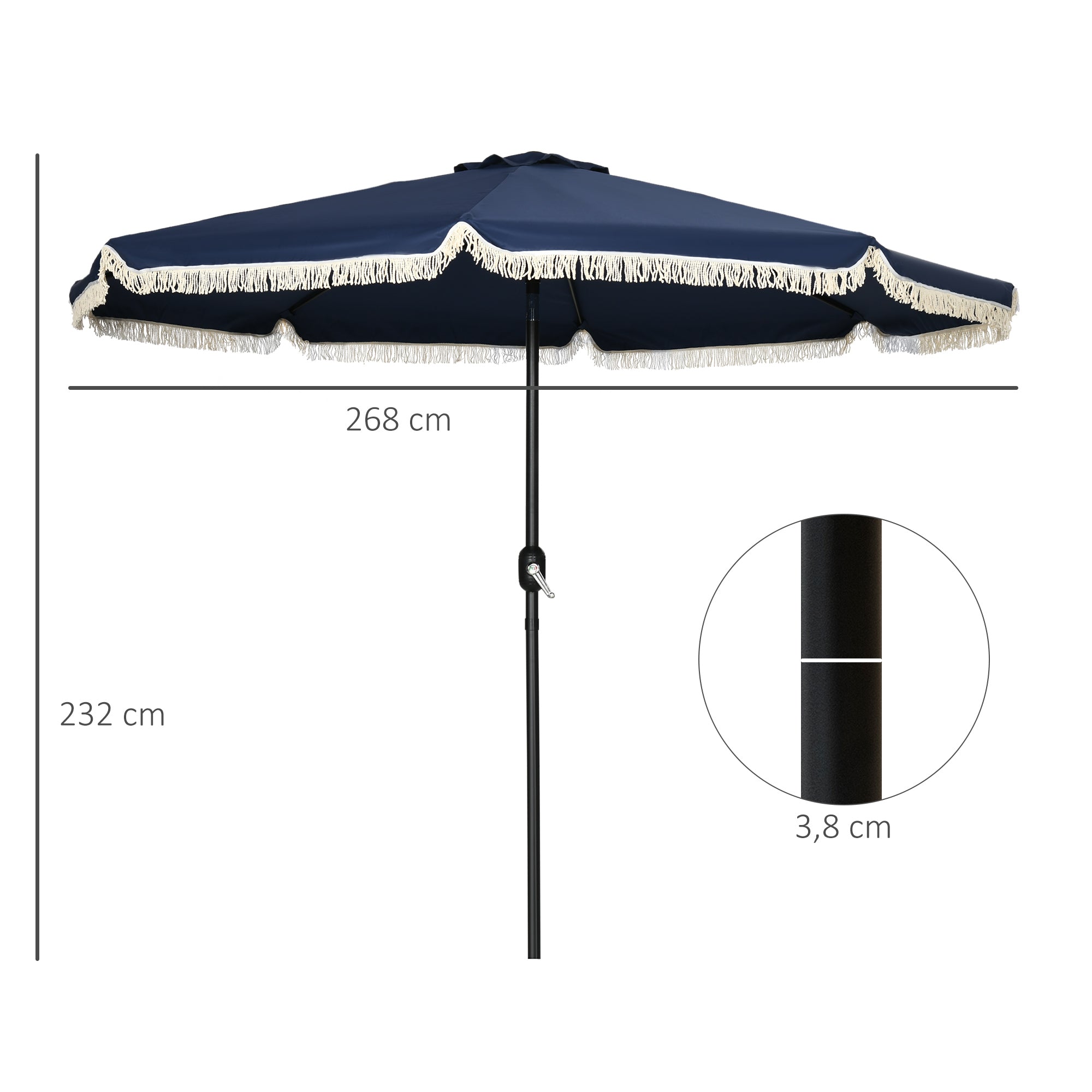 Garden Parasol Round Tilted Ø 268 cm with Fringes High-Density Anti-UV Polyester Fabric Removable Mast 8 Ribs, Blue