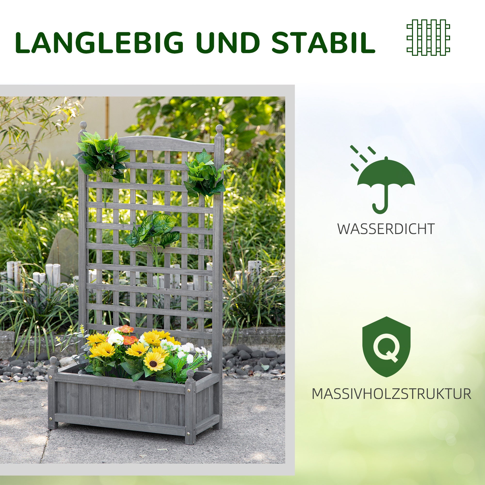 Raised Bed Planting Box with Trellis Planter Box Trellis Arch with Plant Support for Climbing Plants Garden Wood Gray 64 x 28 x 120 cm