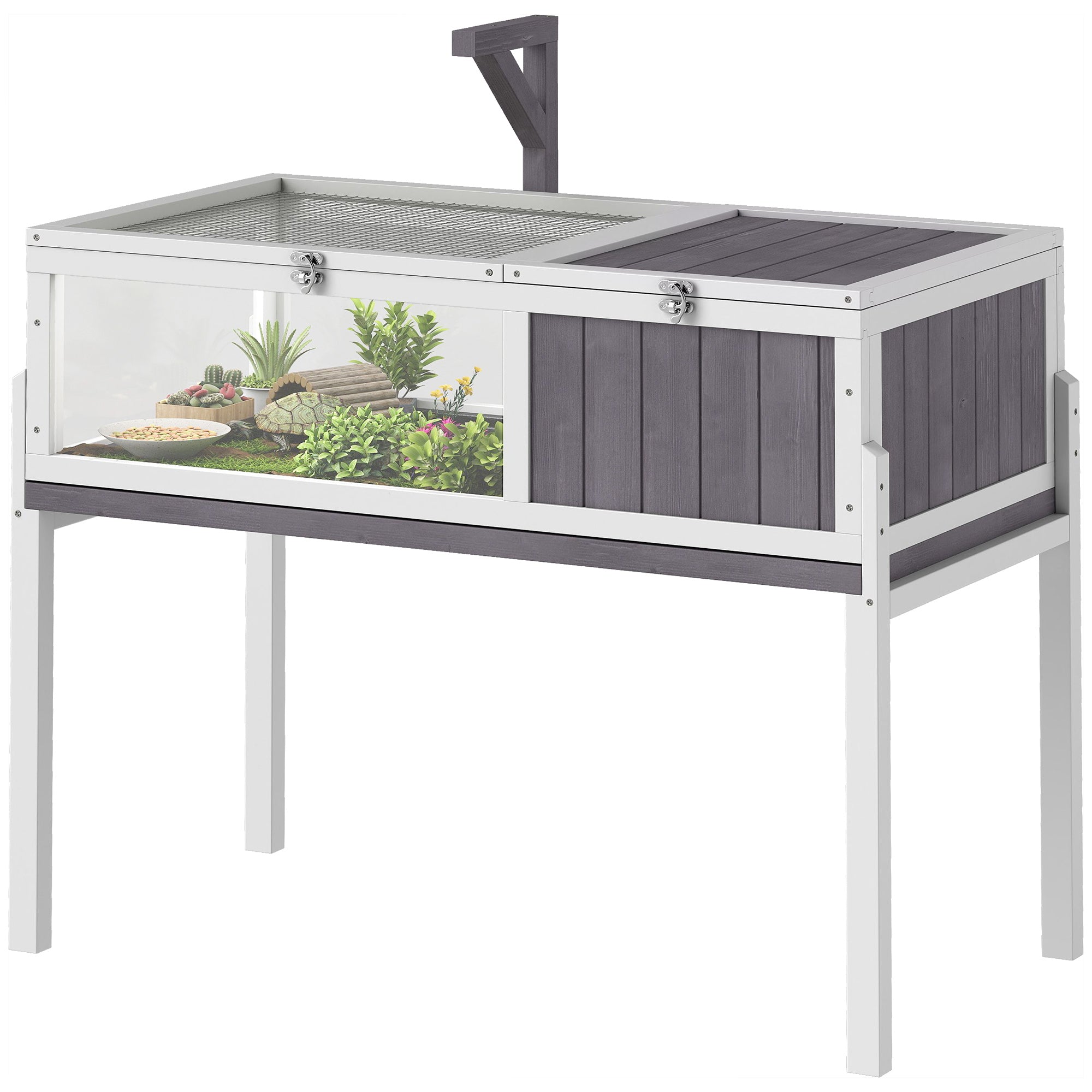 Elevated Wooden Turtle Hutch — Indoor/Outdoor 2-Zone Enclosure with Lamp Holder, Hinged Roof, Sliding Tray & Feeding Bowl — 104 x 53 x 82 cm (41 x 21 x 32 in) — Gray