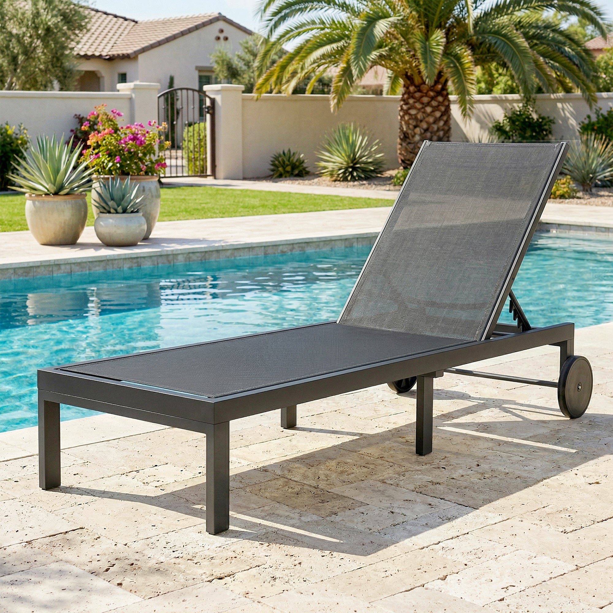 6-Position Adjustable Sun Lounger with Wheels — Breathable Mesh, Aluminum Frame, Supports up to 265 lb, Dark Gray