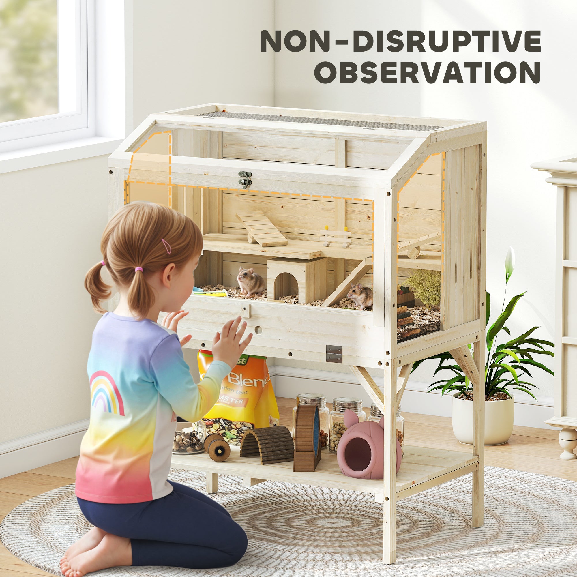 2-Tier Wooden Hamster Cage with Storage Compartment, Top-Opening Lid, Tray, Seesaws, Ramp, Gnaw-Proof Panels, Wheel & Hideout — 84 x 53 x 110 cm (33.1 x 20.9 x 43.3 in), Natural