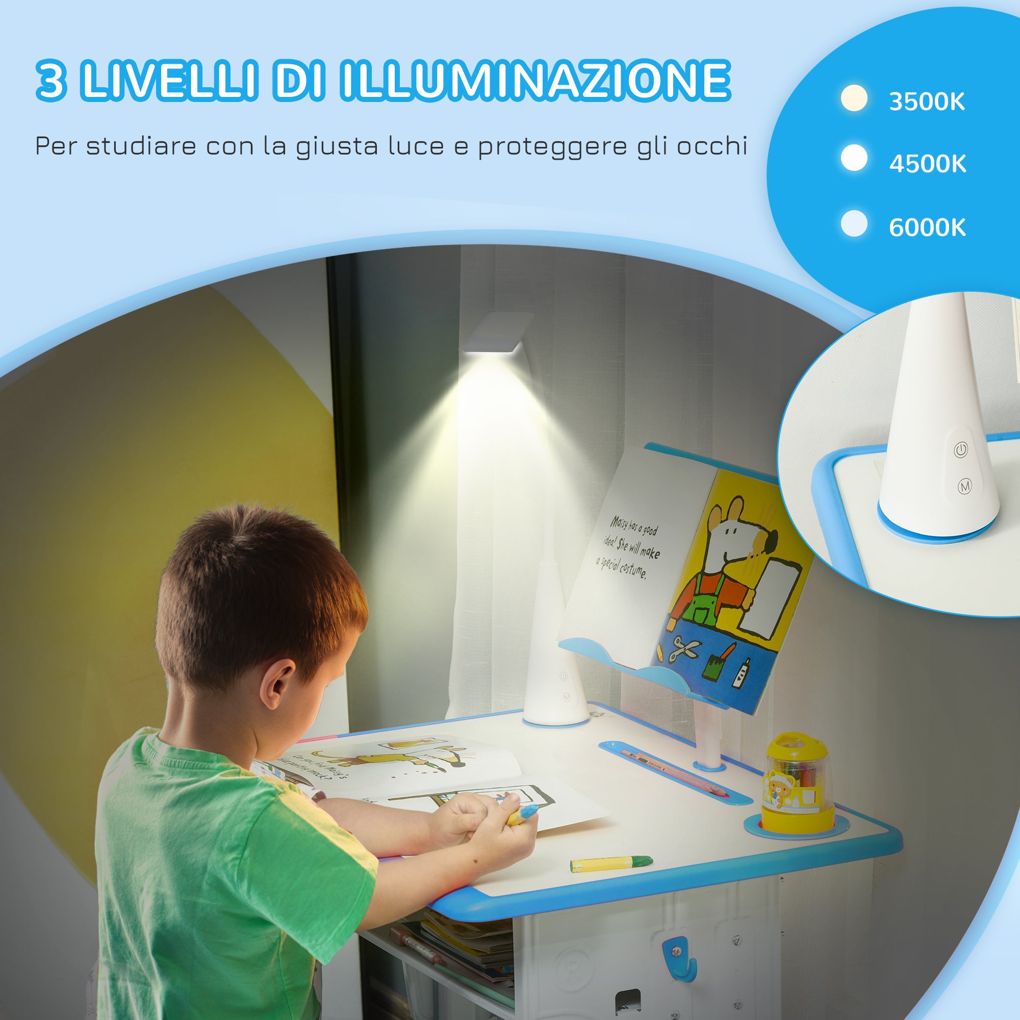 Children's Desk and Chair Set for 6-12 Years Old with LED Lamp, Bookstand, and Shelf, Blue