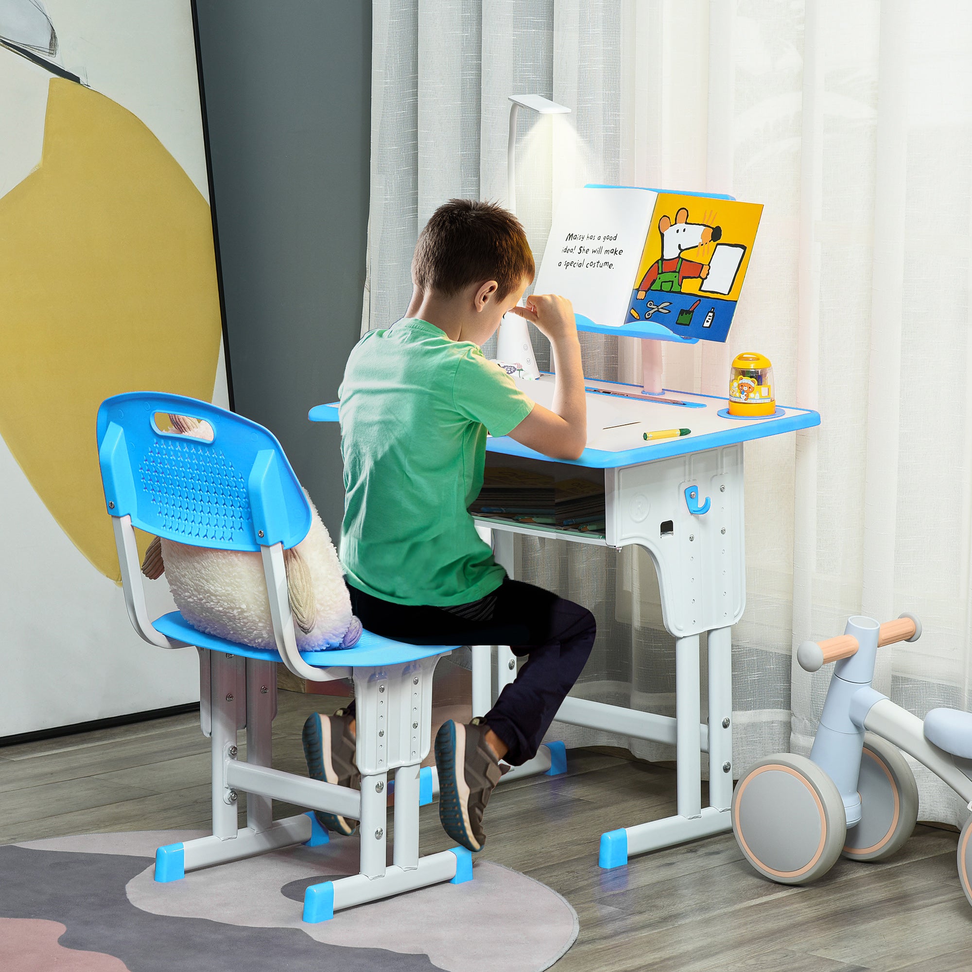 Children's Desk and Chair Set for 6-12 Years Old with LED Lamp, Bookstand, and Shelf, Blue