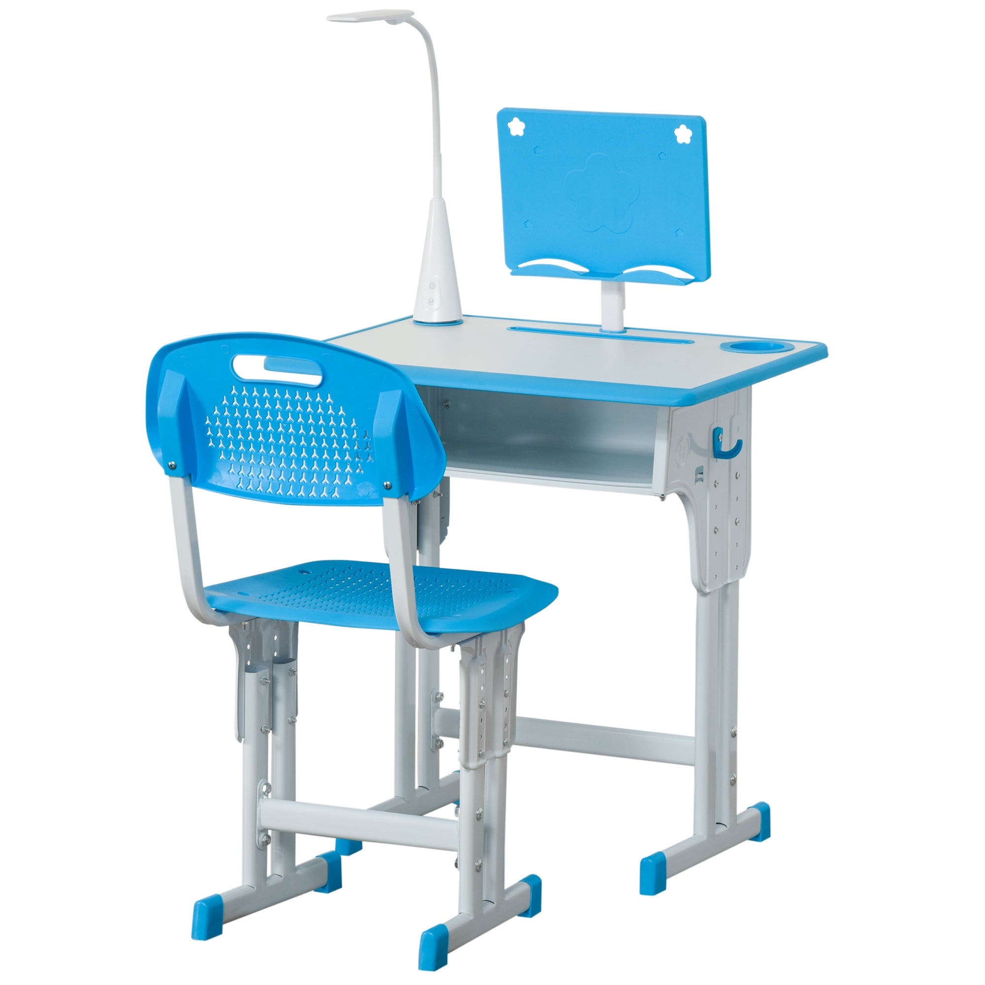 Children's Desk and Chair Set for 6-12 Years Old with LED Lamp, Bookstand, and Shelf, Blue
