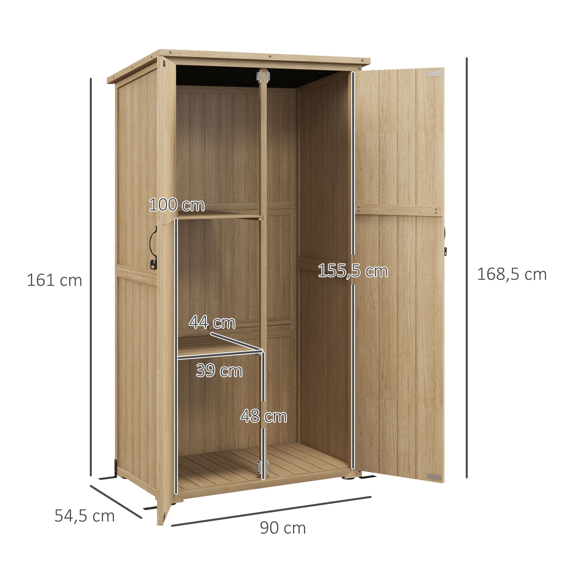 Garden Cabinet Garden Shelter for Tools on Foot 90L x 54.5W x 161/168.5H cm 2 Shelves Waterproof Bitumen Roof Pine Wood Autoclave