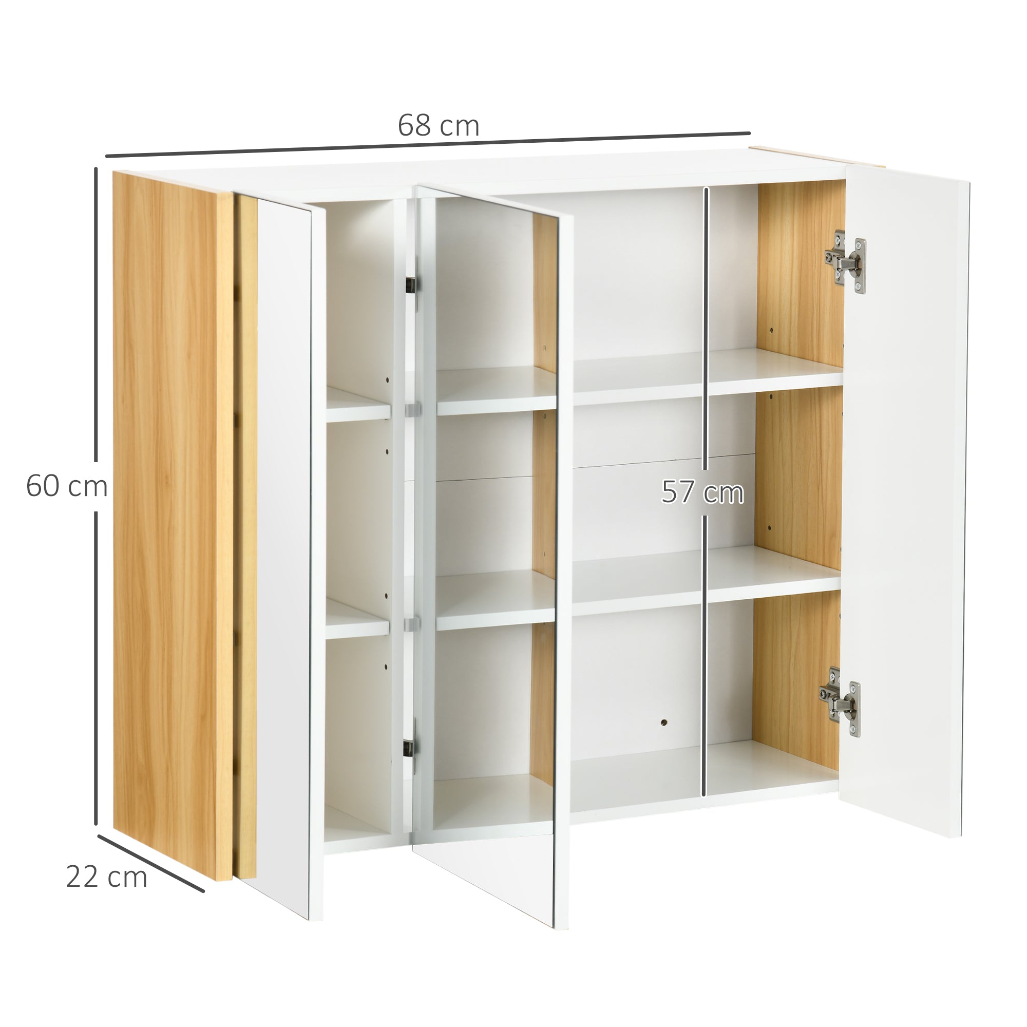 Bathroom mirror cabinet mirror 3 doors 4 adjustable shelves 68 x 22 x 60 cm light oak - white