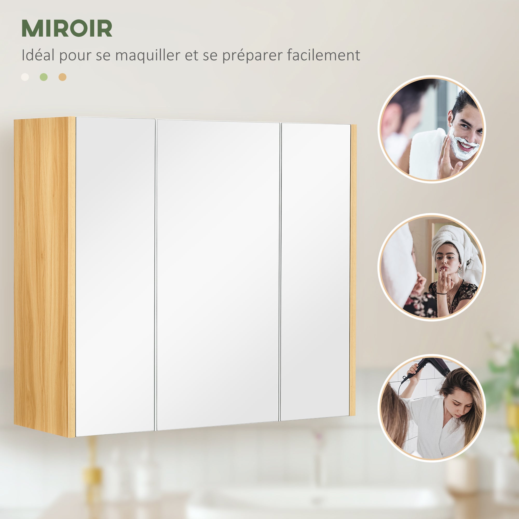Bathroom mirror cabinet mirror 3 doors 4 adjustable shelves 68 x 22 x 60 cm light oak - white