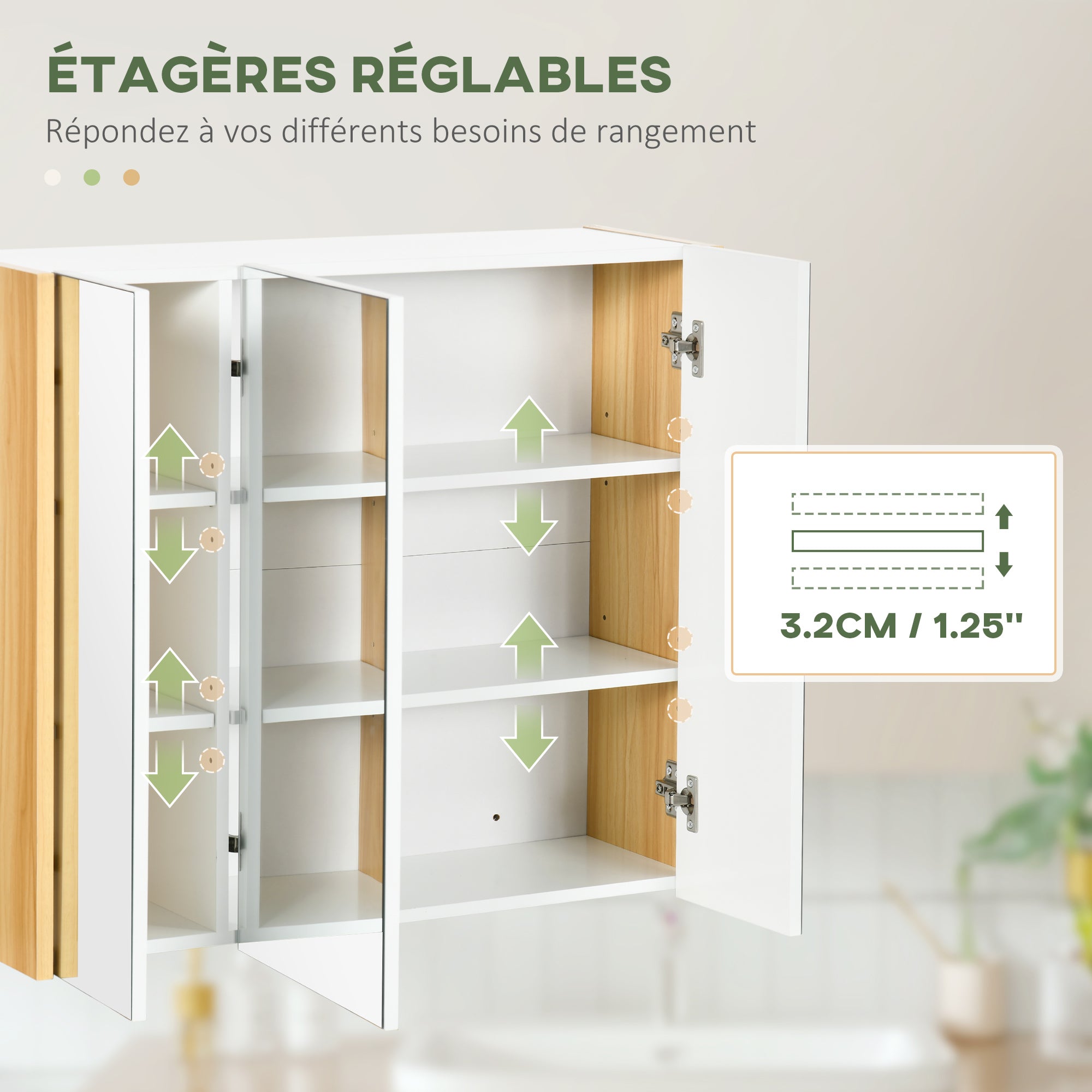 Bathroom mirror cabinet mirror 3 doors 4 adjustable shelves 68 x 22 x 60 cm light oak - white