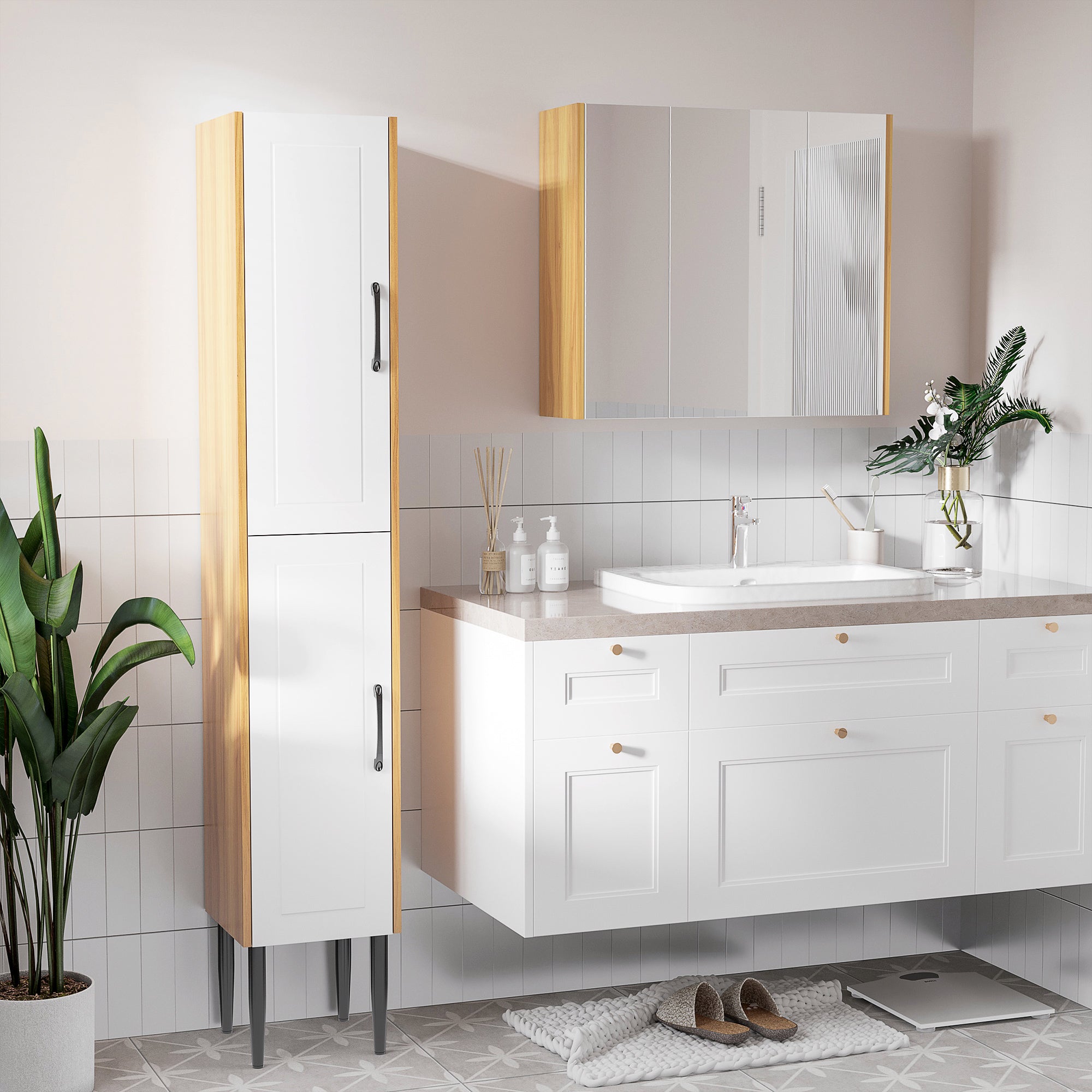 Bathroom mirror cabinet mirror 3 doors 4 adjustable shelves 68 x 22 x 60 cm light oak - white