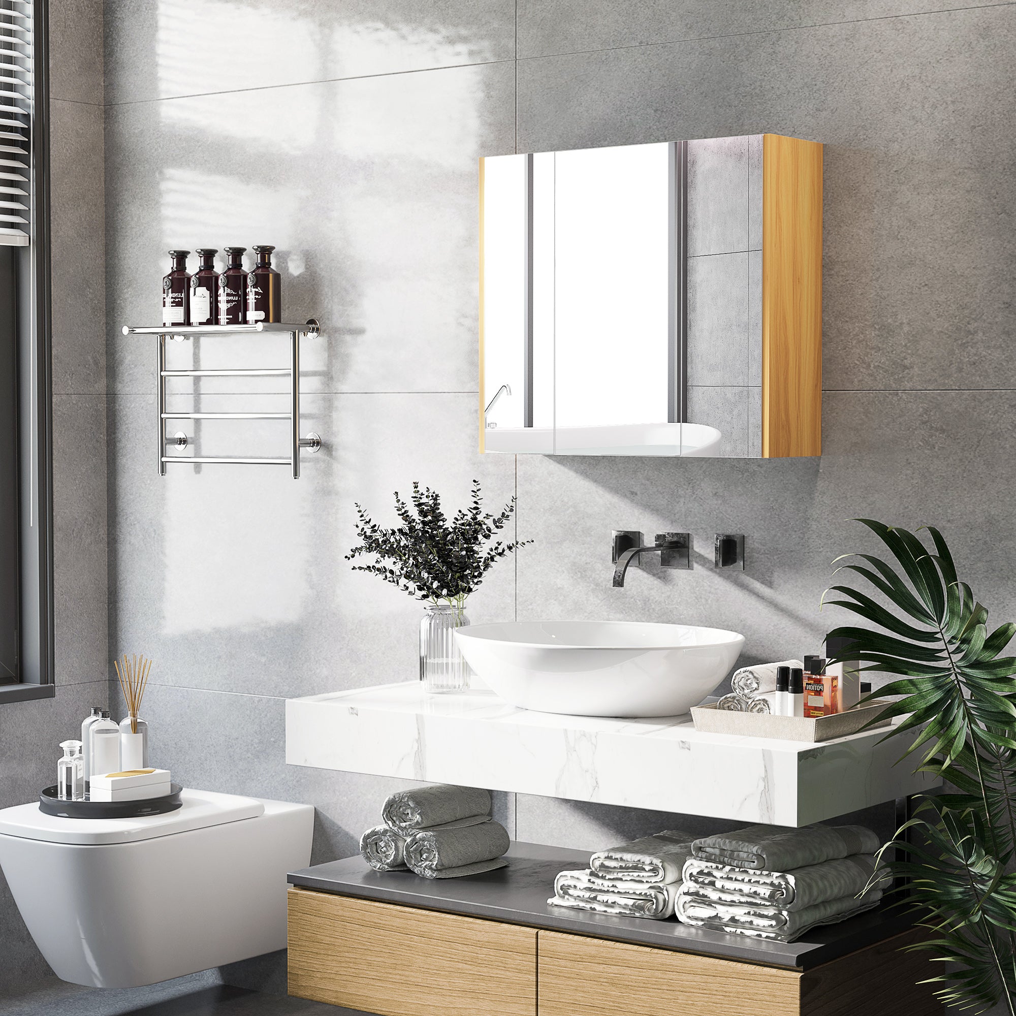 Bathroom mirror cabinet mirror 3 doors 4 adjustable shelves 68 x 22 x 60 cm light oak - white