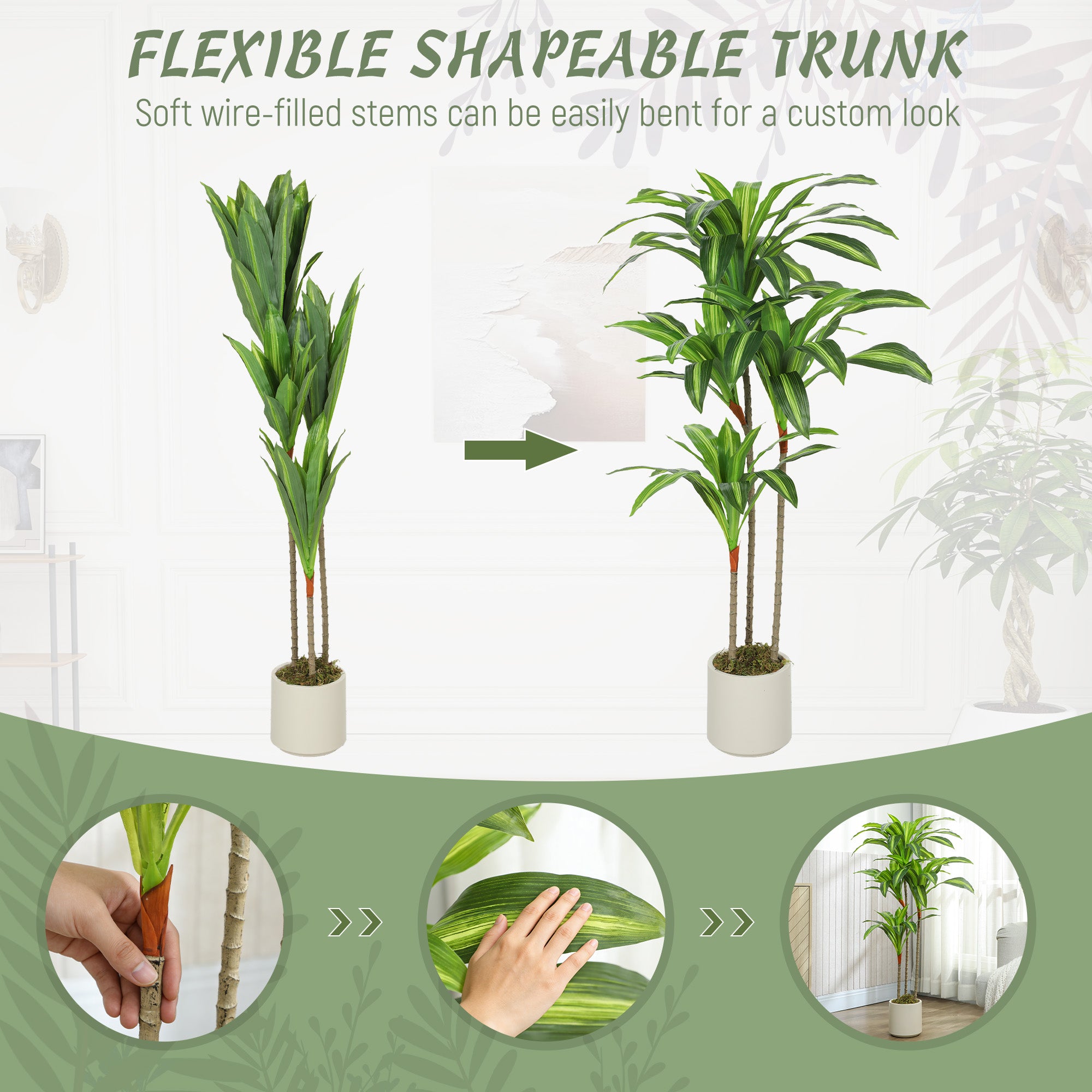 Dracaena Artificial Plant with Adjustable Branches, White PP & Cement Pot – PEVA Leaves & Wood Trunk, 60 × 40 × 120 cm (24 × 16 × 47 in)
