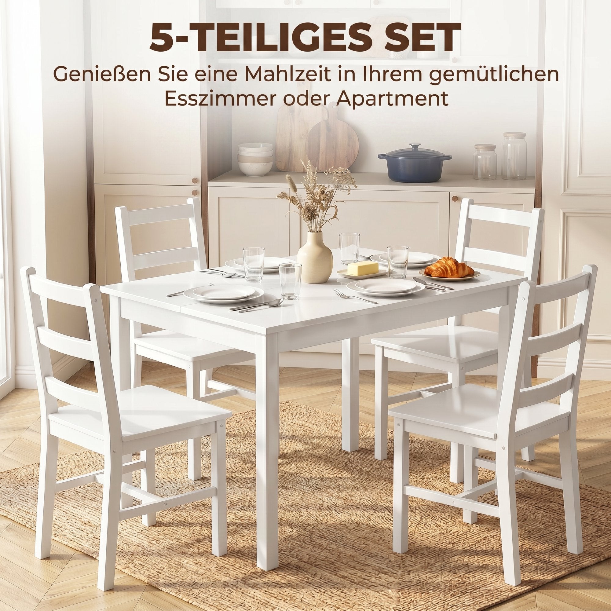 5-Piece Dining Set – Solid Pine Table & 4 Ladder-Back Chairs, White, Compact for Small Spaces