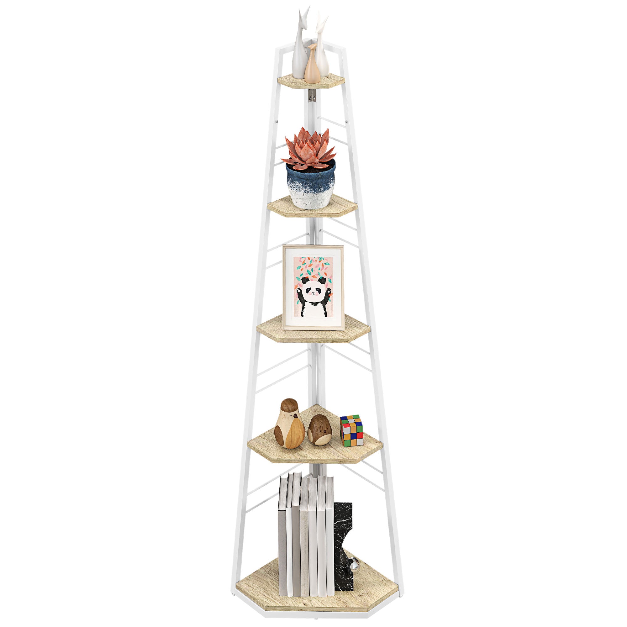 5-Tier Corner Bookcase, Modern Foldable Shelf with Adjustable Feet, Steel and Wood Bookshelf, 37.5x37.5x160 cm, Wood Color