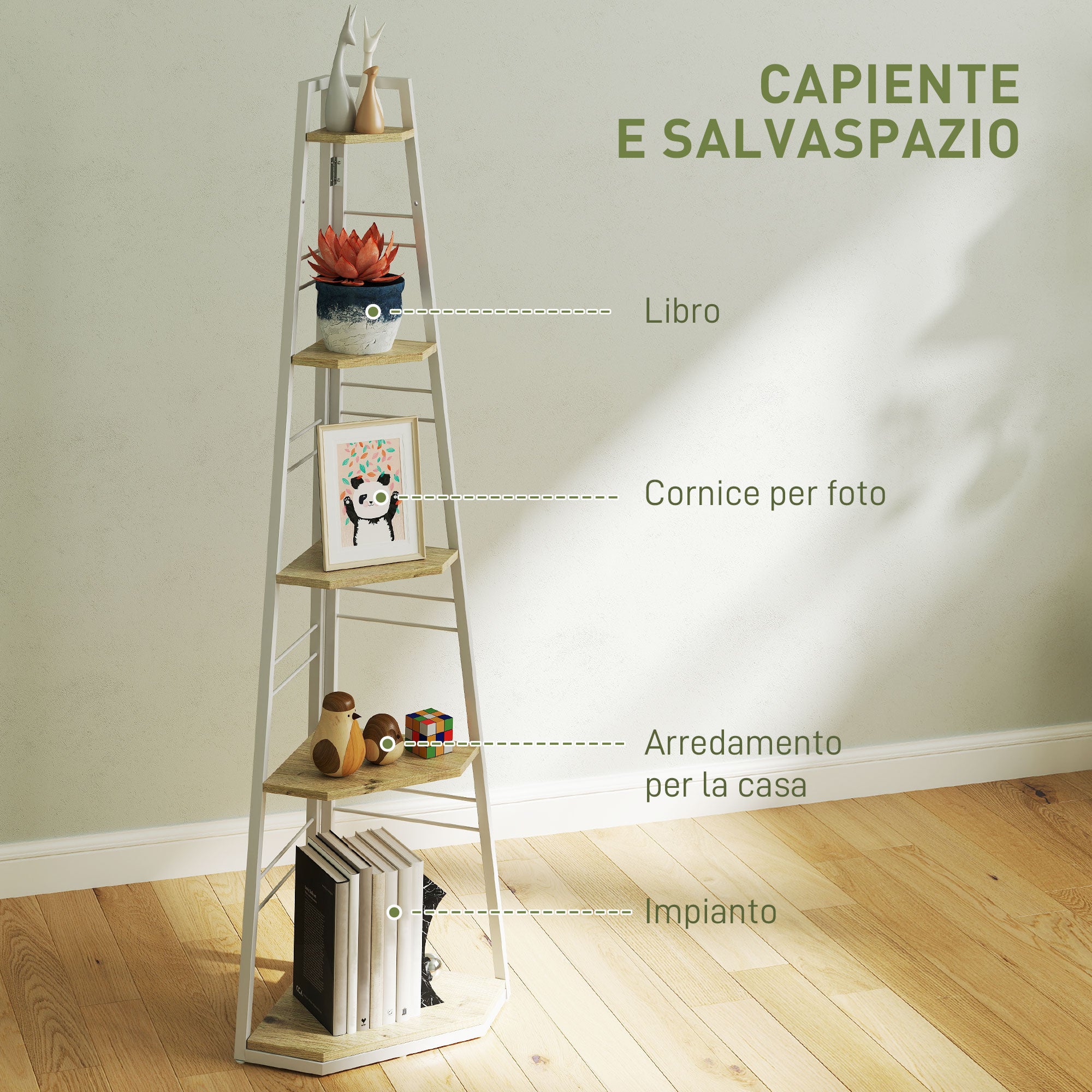 5-Tier Corner Bookcase, Modern Foldable Shelf with Adjustable Feet, Steel and Wood Bookshelf, 37.5x37.5x160 cm, Wood Color