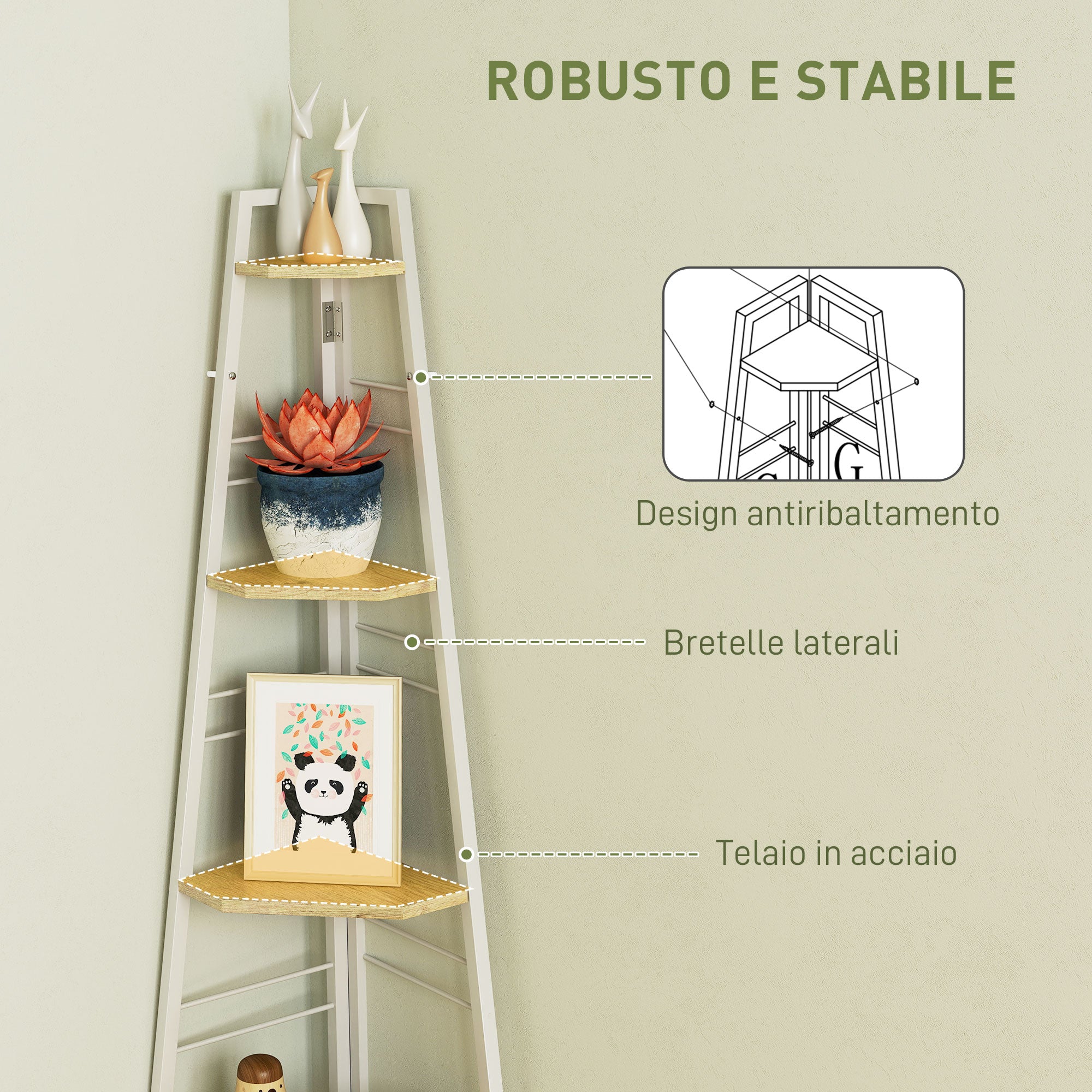 5-Tier Corner Bookcase, Modern Foldable Shelf with Adjustable Feet, Steel and Wood Bookshelf, 37.5x37.5x160 cm, Wood Color