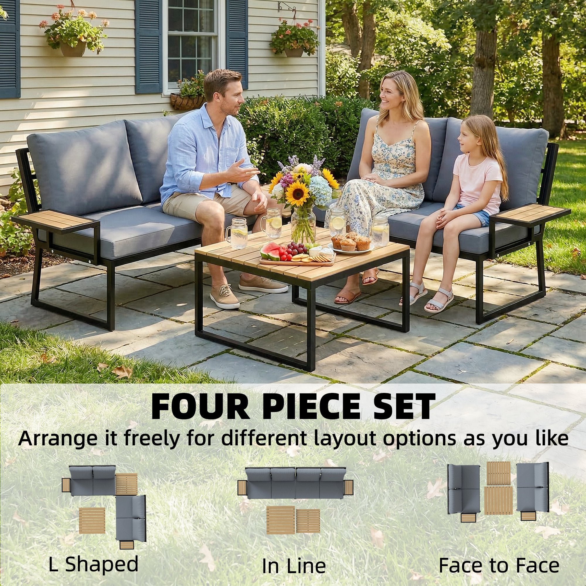 L-Shaped 4-Piece Outdoor Patio Sofa Set for 4 — Two 2-Seater Sectionals with Cushions & 2 Nesting Tables, Teak