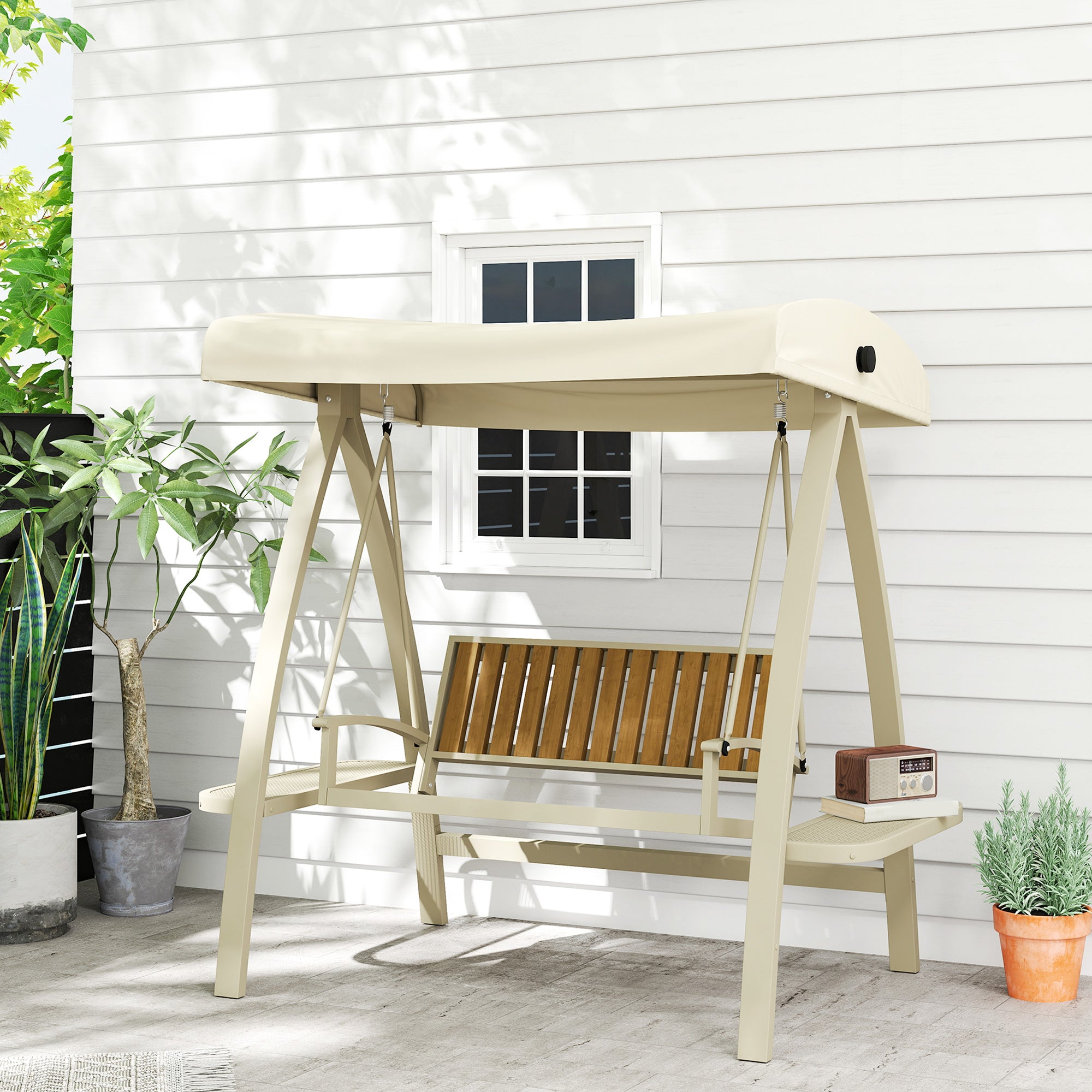 Hollywood Swing 2-seater garden swing with adjustable sun canopy, side table, swing bench loadable up to 240kg, for garden, terrace, 200 x 120 x 190cm, Beige