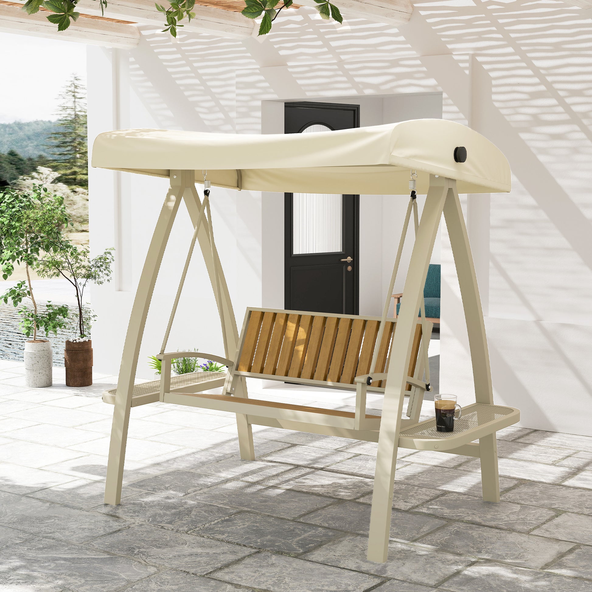 Hollywood Swing 2-seater garden swing with adjustable sun canopy, side table, swing bench loadable up to 240kg, for garden, terrace, 200 x 120 x 190cm, Beige