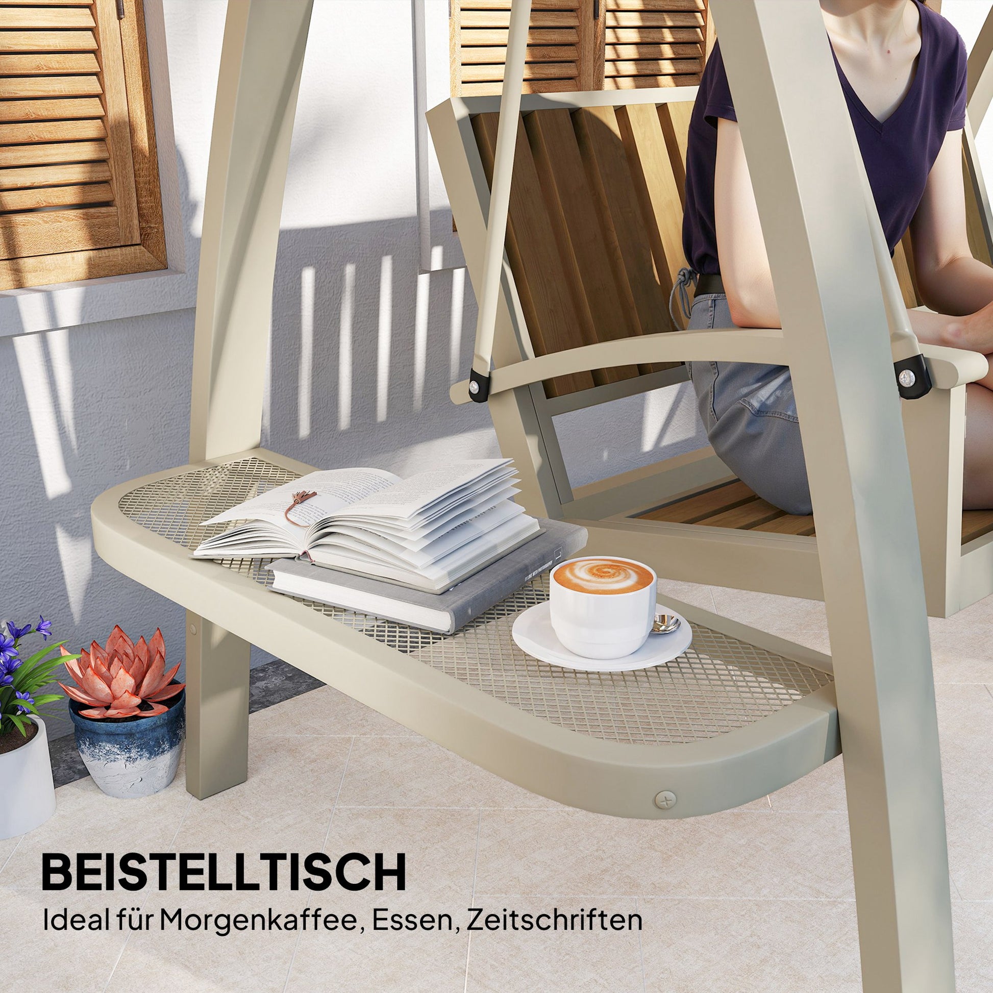 Hollywood Swing 2-seater garden swing with adjustable sun canopy, side table, swing bench loadable up to 240kg, for garden, terrace, 200 x 120 x 190cm, Beige