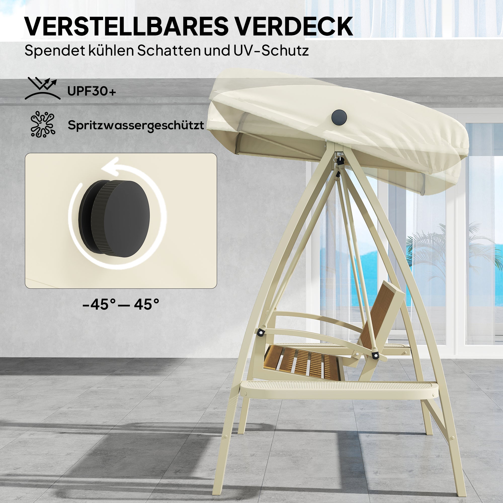 Hollywood Swing 2-seater garden swing with adjustable sun canopy, side table, swing bench loadable up to 240kg, for garden, terrace, 200 x 120 x 190cm, Beige