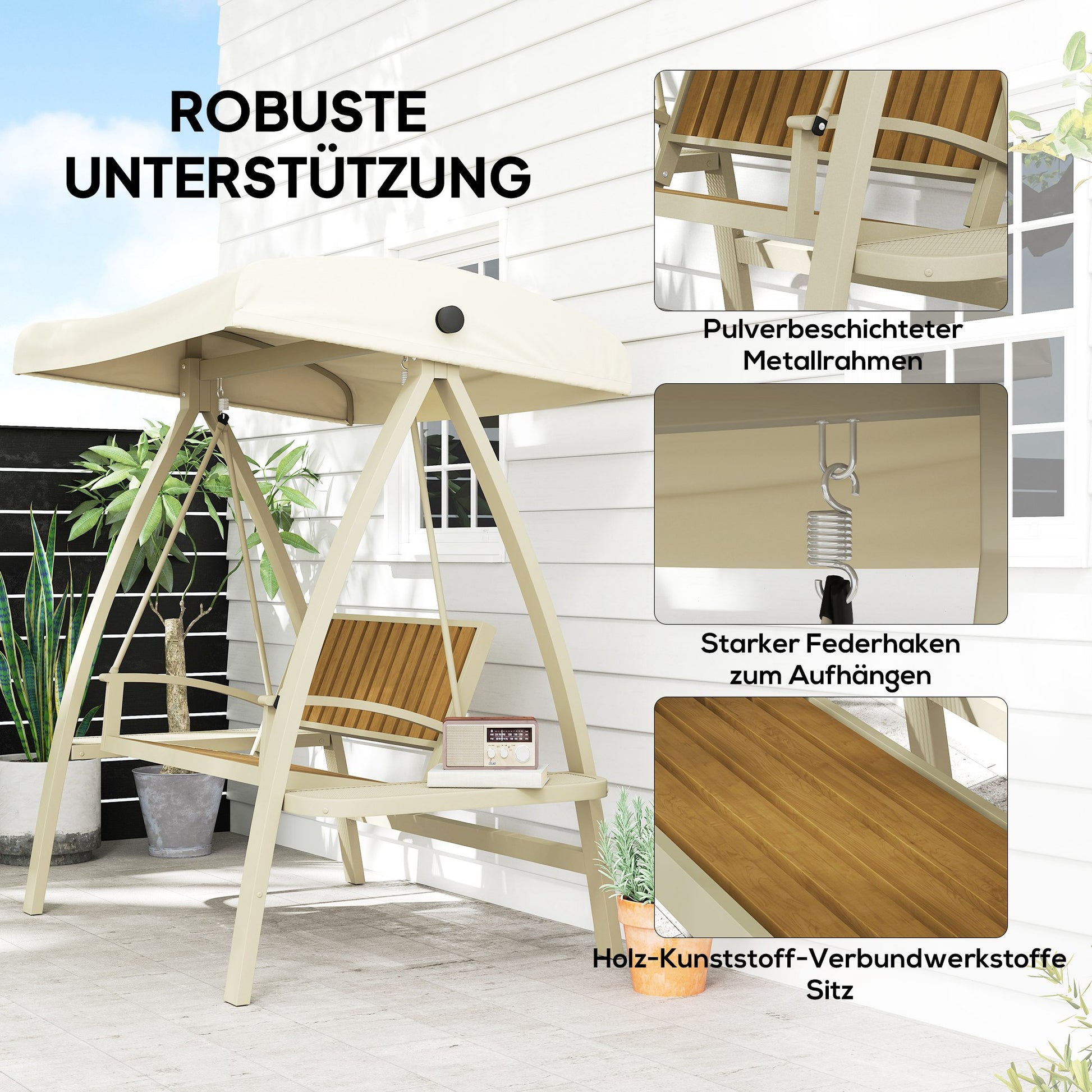 Hollywood Swing 2-seater garden swing with adjustable sun canopy, side table, swing bench loadable up to 240kg, for garden, terrace, 200 x 120 x 190cm, Beige