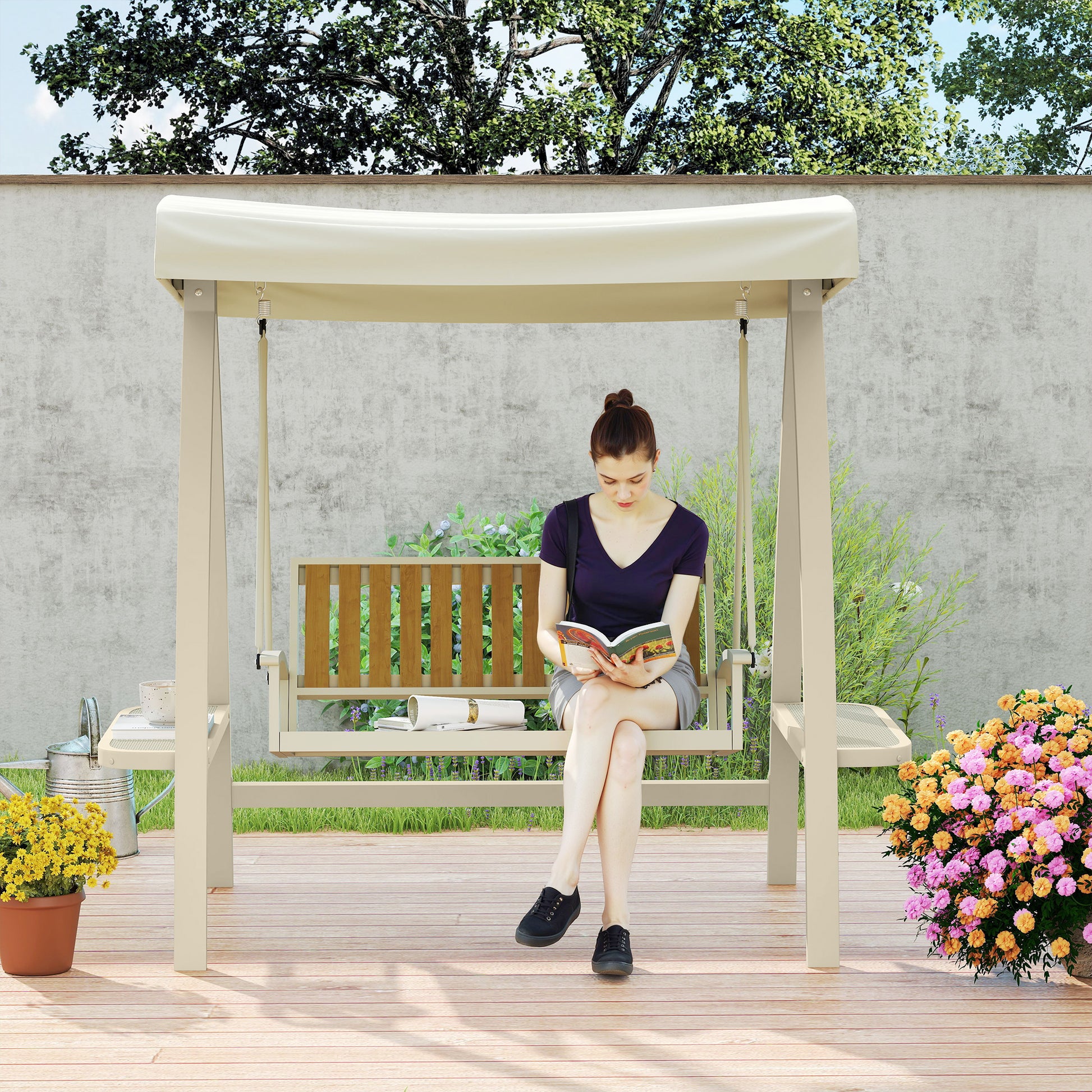 Hollywood Swing 2-seater garden swing with adjustable sun canopy, side table, swing bench loadable up to 240kg, for garden, terrace, 200 x 120 x 190cm, Beige