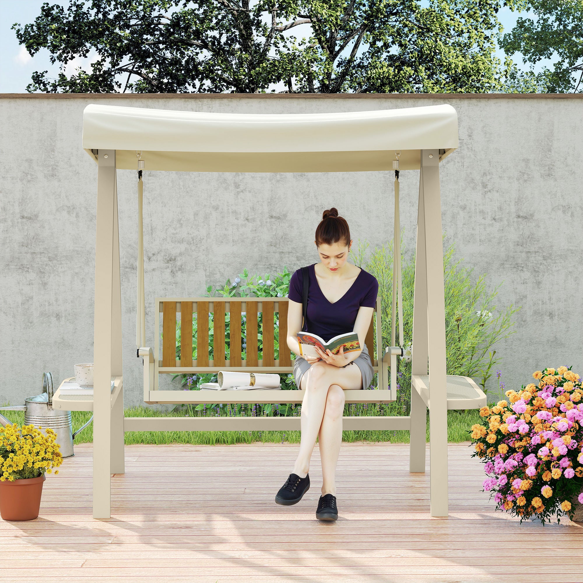 Hollywood Swing 2-seater garden swing with adjustable sun canopy, side table, swing bench loadable up to 240kg, for garden, terrace, 200 x 120 x 190cm, Beige