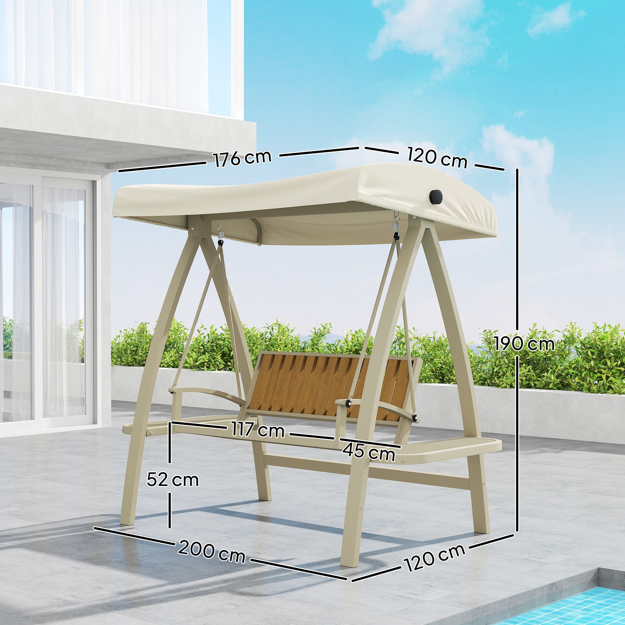 Hollywood Swing 2-seater garden swing with adjustable sun canopy, side table, swing bench loadable up to 240kg, for garden, terrace, 200 x 120 x 190cm, Beige