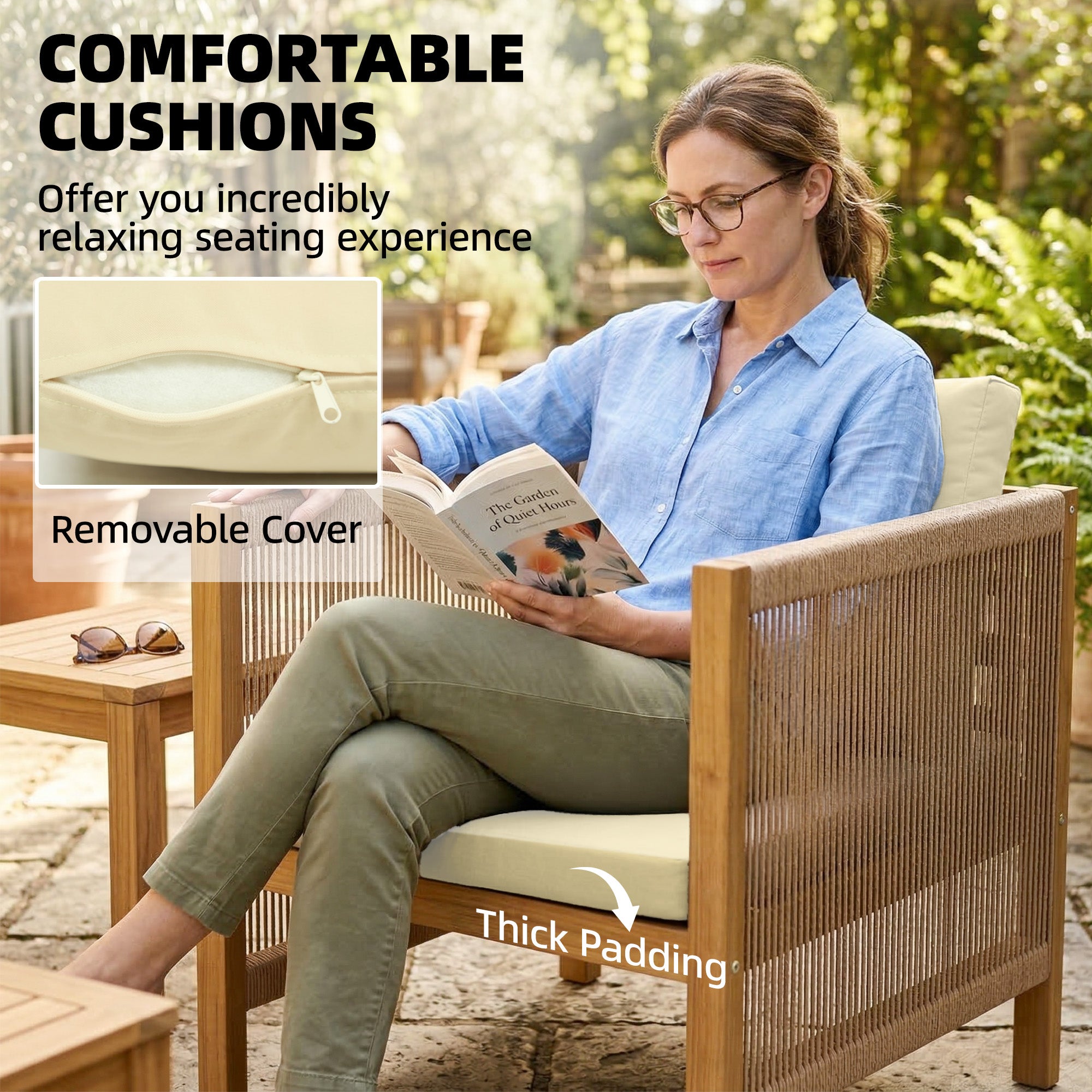 4-Piece Acacia Wood Outdoor Patio Set for 4 — 2-Seater Sofa, 2 Armchairs & Coffee Table, Rope-Weave Slat Design, Washable Cushions, Beige