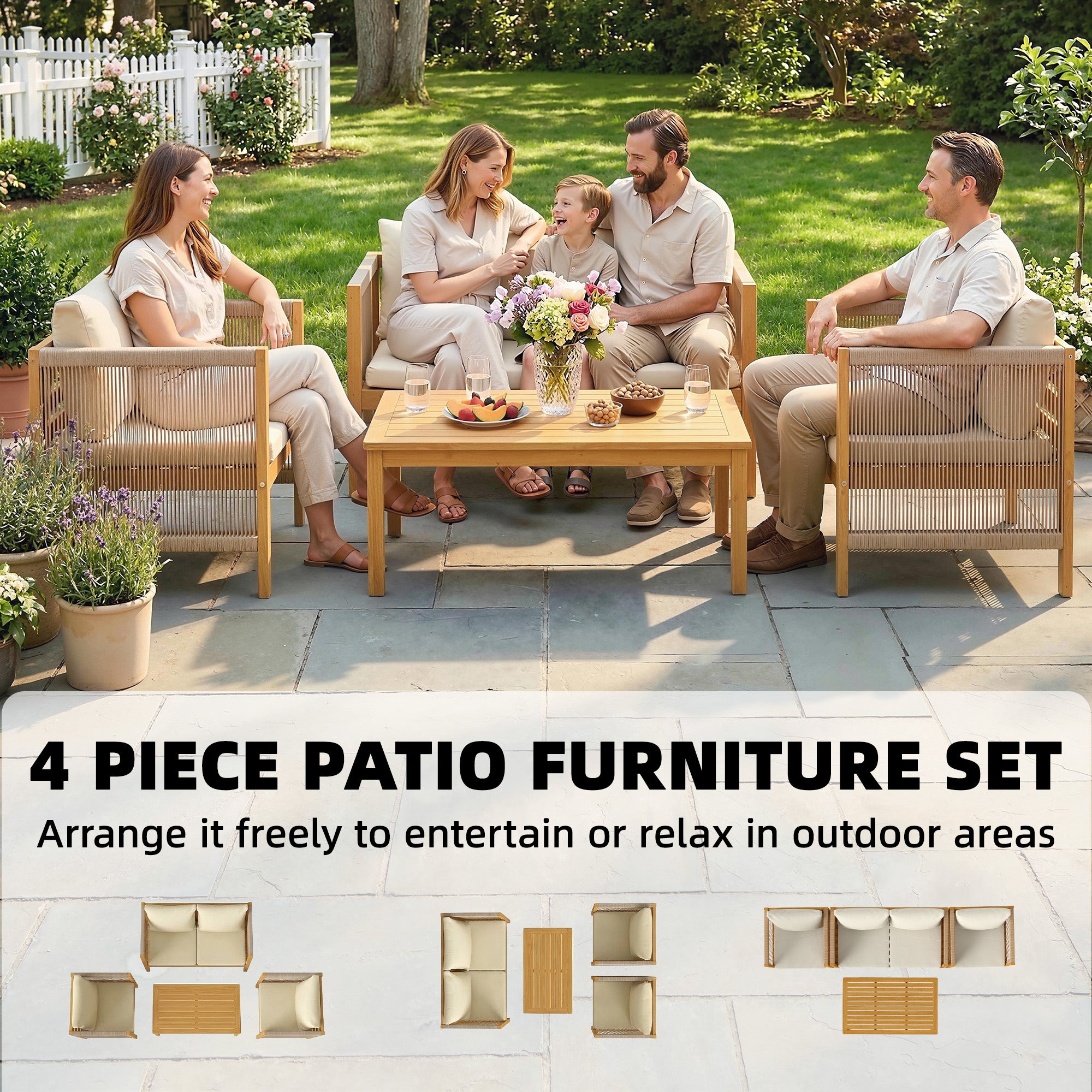 4-Piece Acacia Wood Outdoor Patio Set for 4 — 2-Seater Sofa, 2 Armchairs & Coffee Table, Rope-Weave Slat Design, Washable Cushions, Beige