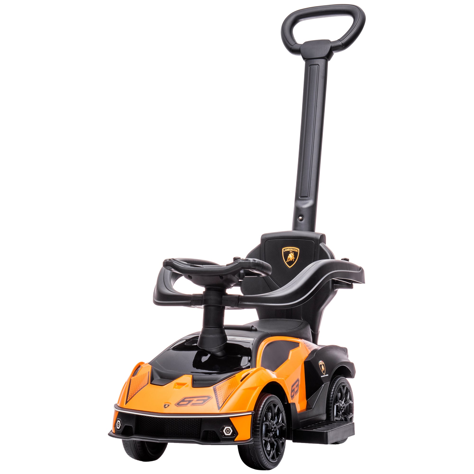 2-in-1 Lamborghini Essenza SCV12 Kids Ride-On Car 12-36 Months Push Car with Horn Removable Push Handle and Safety Rail 86.5x40x89.5 cm Orange and Black