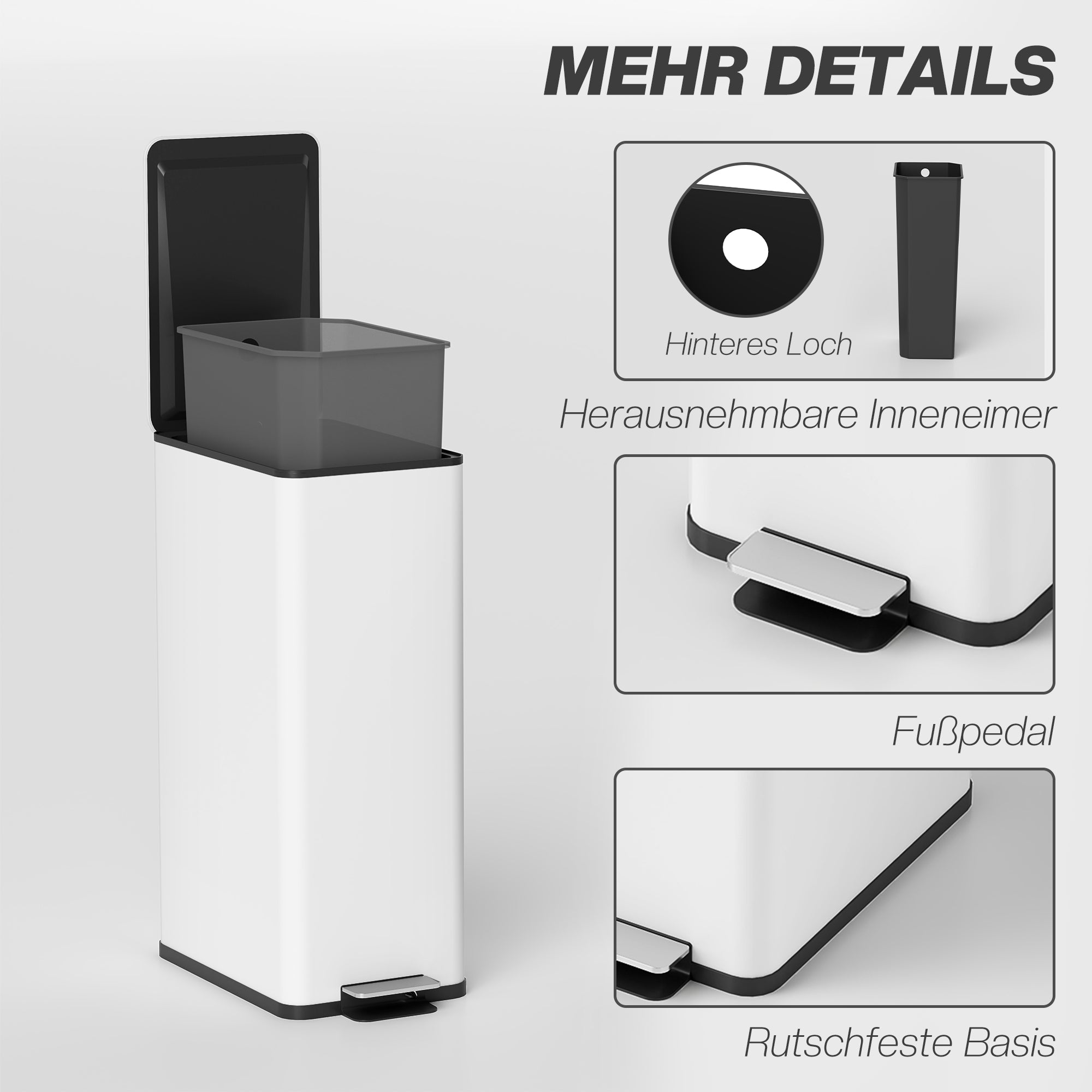 20 L (5.3 gal) Step Trash Can — Soft-Close Lid, Pedal & Removable Inner Bucket, Fingerprint-Resistant Stainless Steel, White