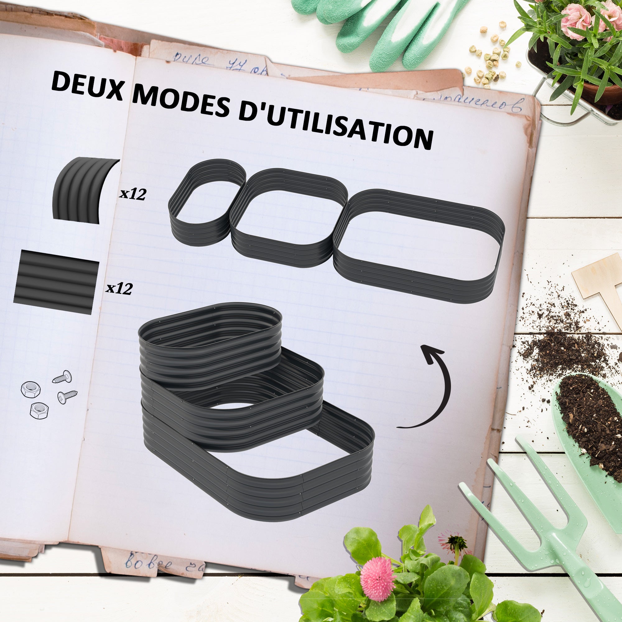 Square Raised Garden Bed Planter Steel Garden Planter Open Bottom 3 Tier for Herbs Vegetables Fruits Flowers 158 x 109 x 82 cm - Gray