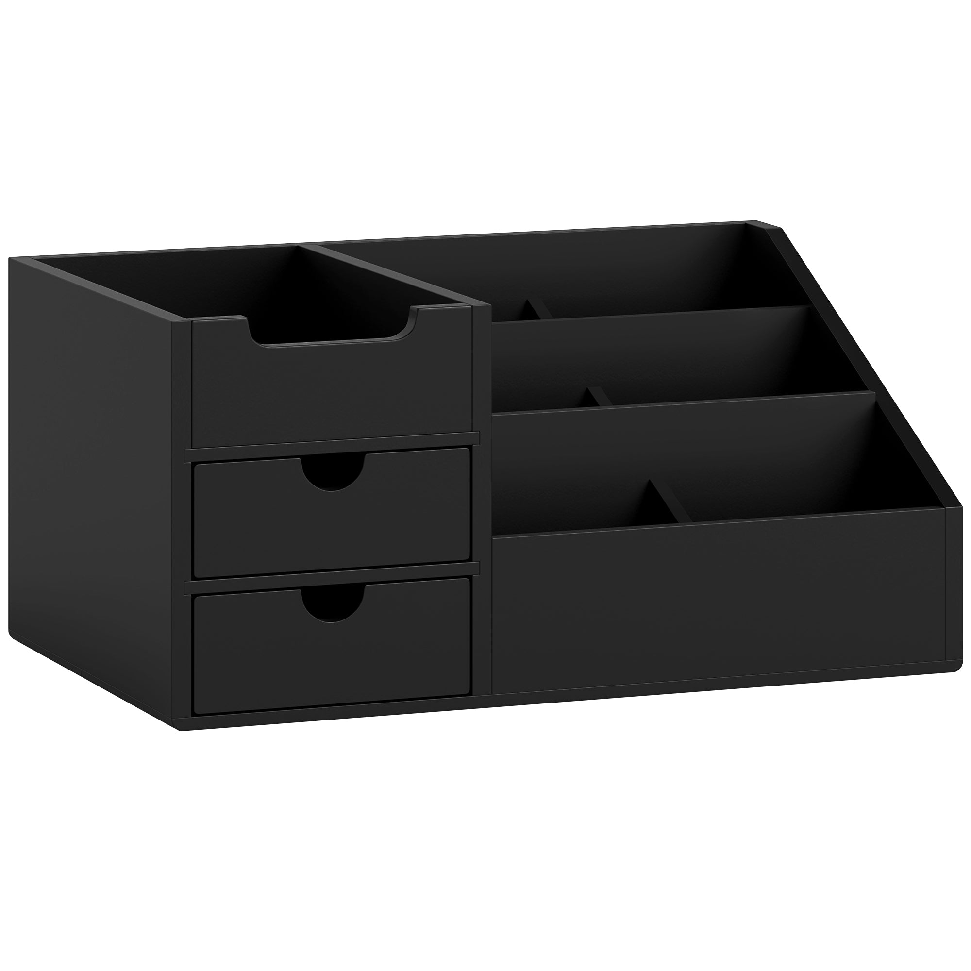 Bamboo Desktop Organizer Desk Organizer with 2 Drawers 6 Compartments and Shelf for Office Home 33x20.5x15.5 cm Black